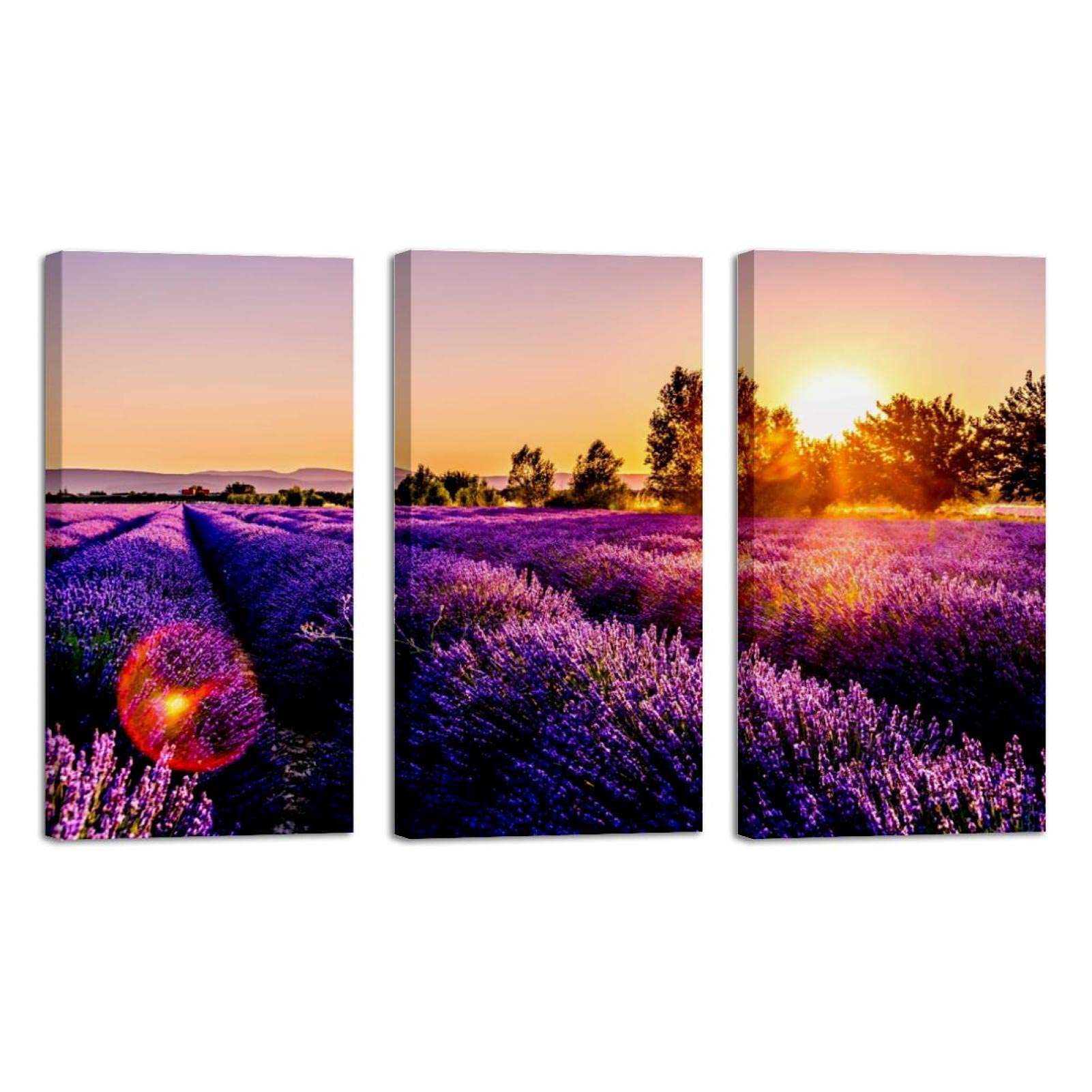 3 Panel Framed Canvas Wall Art - Sunset Over Lavender Field Oil Painting - Home & Office Decor (8