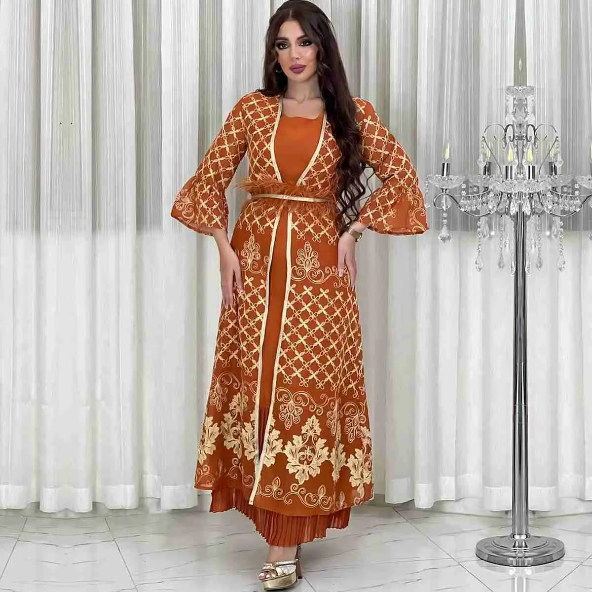 2-Piece Embroidered Sequin Caftan Dress Set with Inner Sleeveless Dress - Elegant Eid Outfits for Women, Perfect for Holiday Celebrations, Parties & Special Occasions