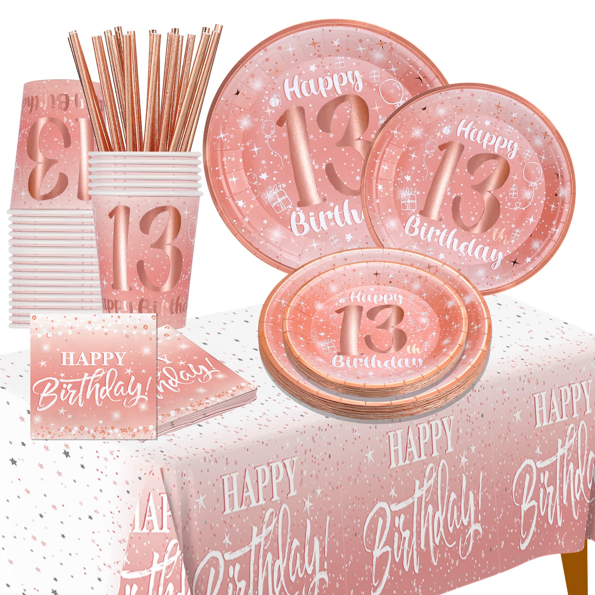 13th Birthday Party Decorations for Girls - Rose Gold Happy Birthday Banner, Balloons & Plates Set (13 Count) | Perfect for Teen Birthday Parties, Sweet 16 Decor & Special Celebrations
