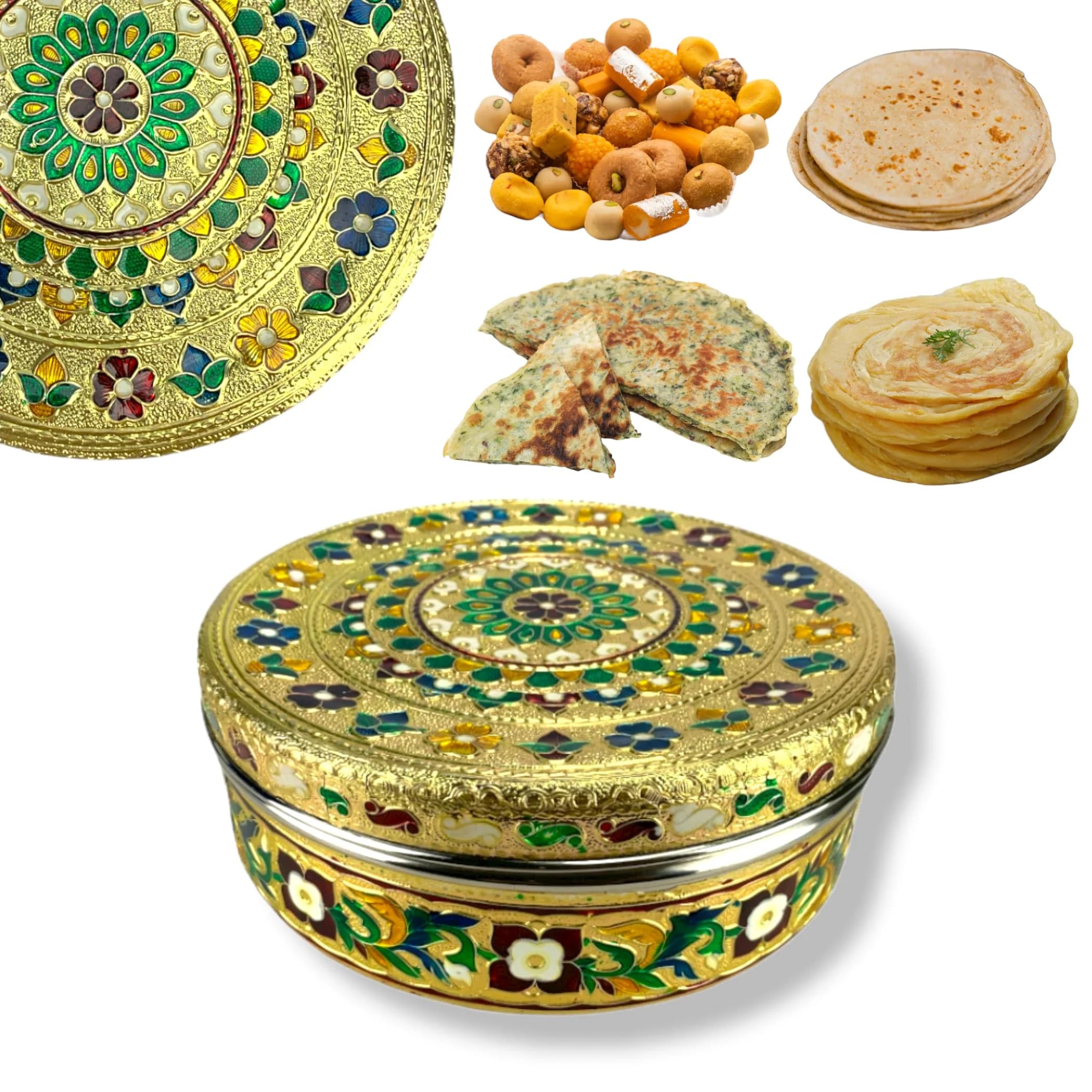 LoveNspire 7.5 Inch Stainless Steel Decorative Roti Papad Box - Meenakari Design Multipurpose Storage Container for Sweets, Spices, Laddus - Unique Gift for Guests - Perfect for Indian Kitchens, Weddings & Festive Celebrations