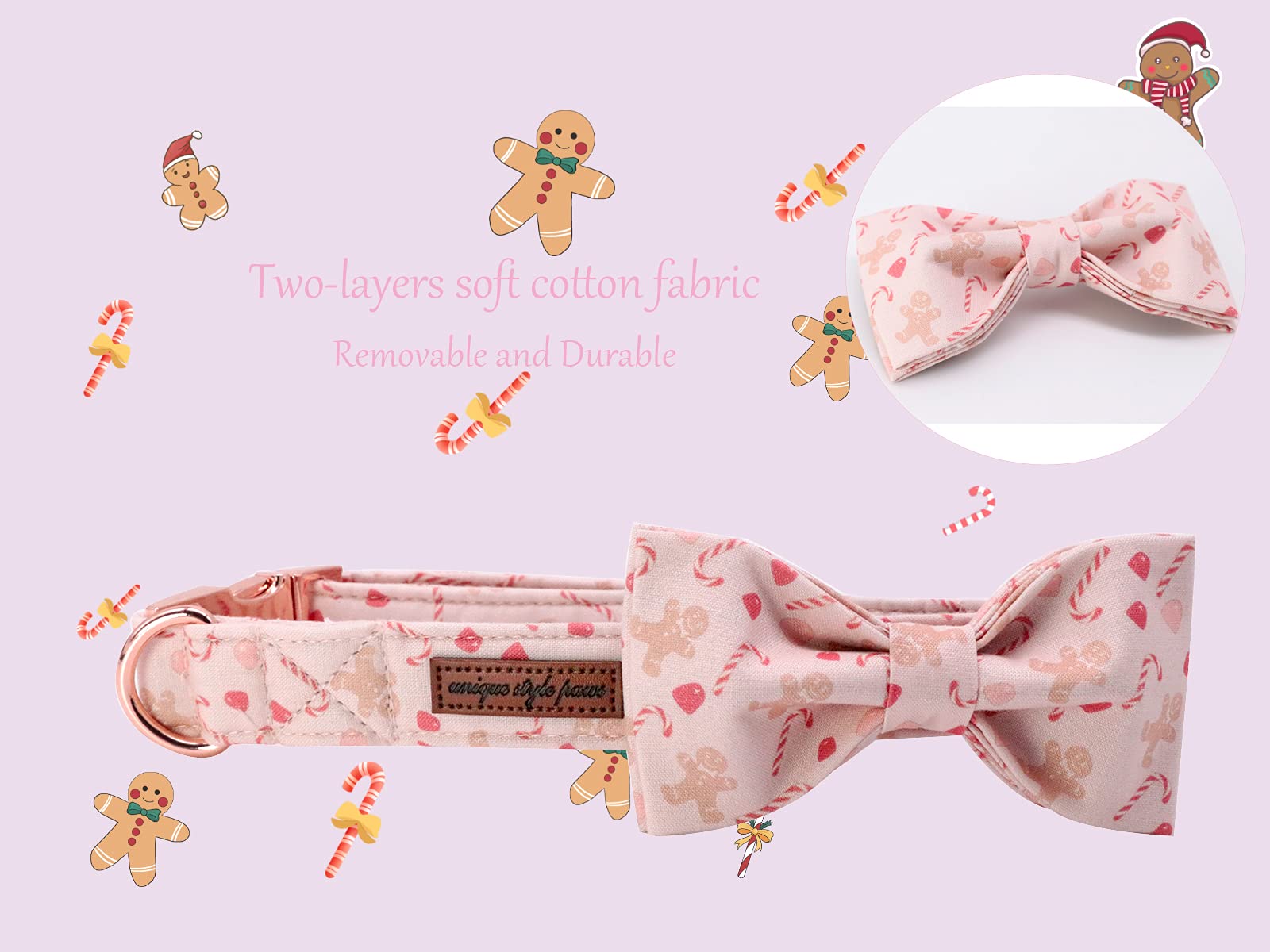 Stylish Adjustable Dog Collar with Bowtie - Christmas Gingerbread Man Design Pet Collar for Large Dogs | Perfect Gift for Boy & Girl Dogs | Great for Holidays, Parties & Daily Walks