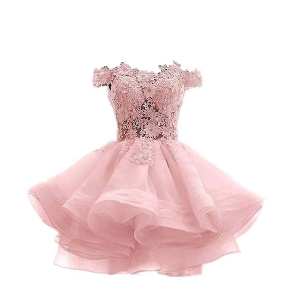 Angela Women's Off The Shoulder Organza Short Prom Dress - Pink Homecoming Party Gown for Prom Night, Sweet 16, Quinceañera & Special Occasions