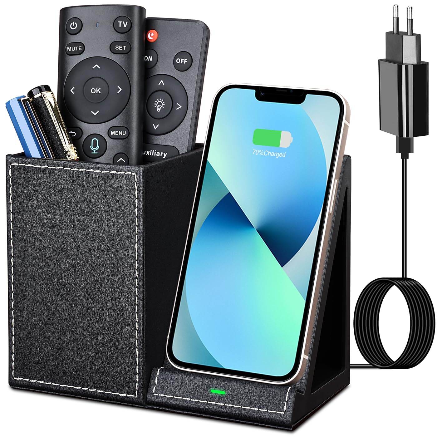 LADSTAG Desk Organizer with Wireless Charger - 10W Qi-Certified Charging Station for iPhone 14/13/12/11 Pro Max & Samsung Galaxy S23/S22/S21/S20/S9 - Office Supplies & Accessories (Black) | Perfect for Home Office, Workspace Organization & Cordless Charging Convenience