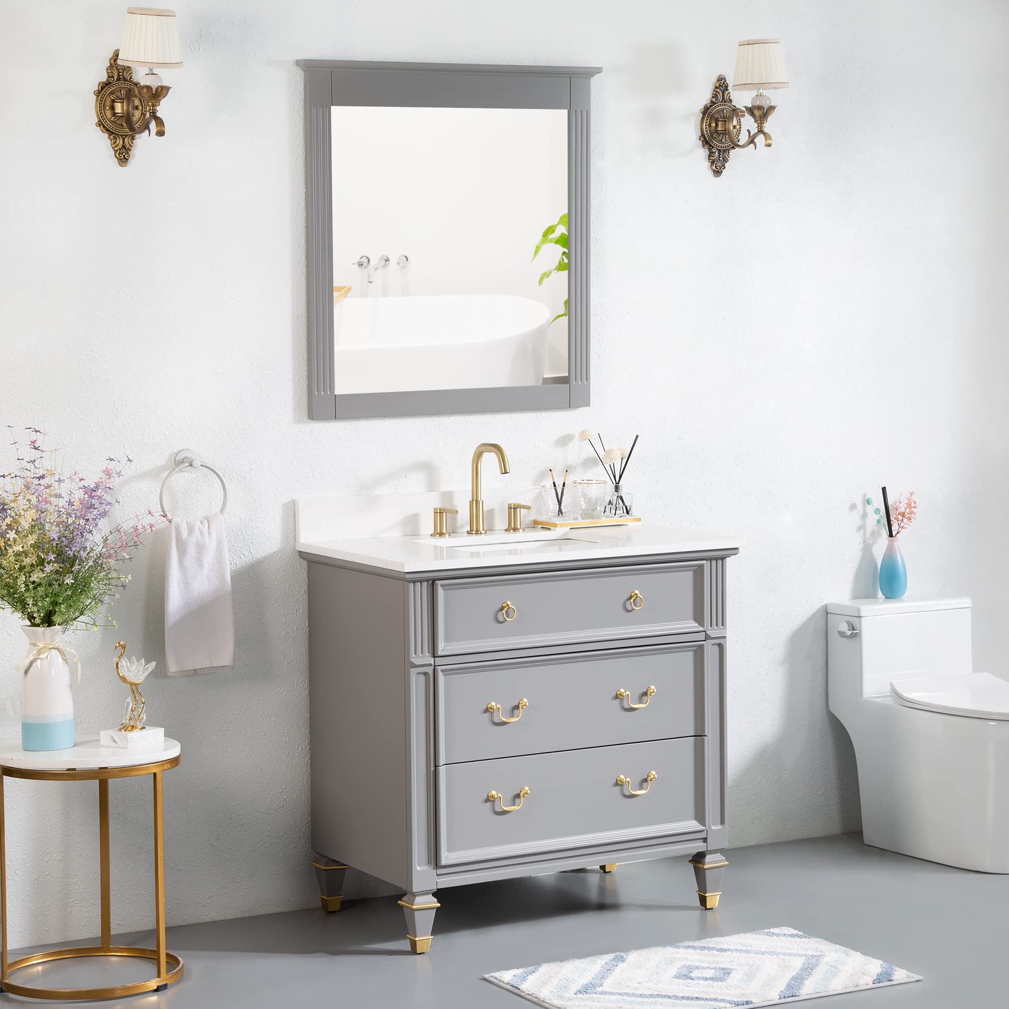 WELLFOR 36 Inch Bathroom Vanity Set with Sink, Quartz Countertop & 32 Inch Anti-Fog Mirror - Freestanding Wood Vanity Cabinet with Drawers in Titanium Grey for Modern Bathroom Decor | Perfect for Master Bath, Guest Bath & Small Space Remodeling