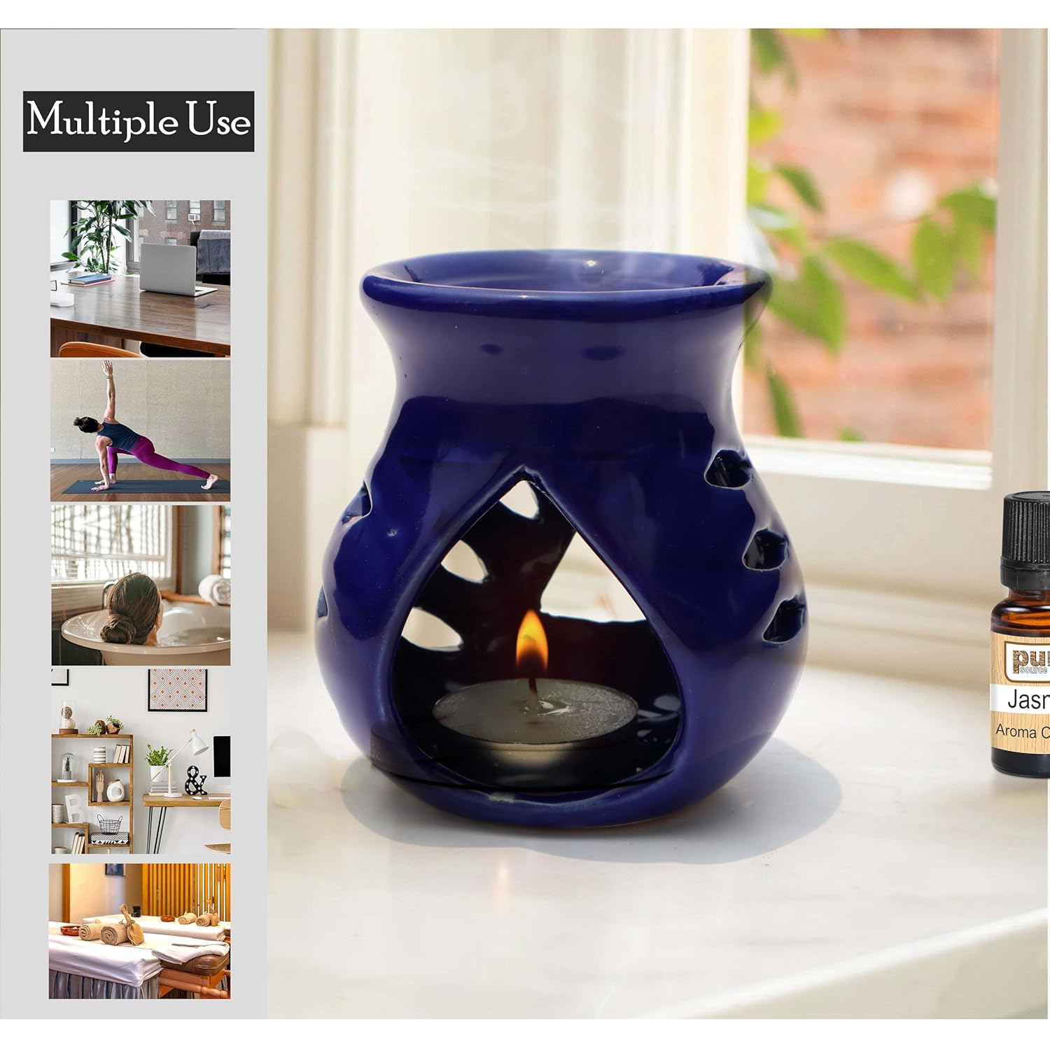 Pure Source India Ceramic Clay Candle Operated Aroma Oil Diffuser with 1 Tea Light Candle (Blue, 9cm) - Perfect for Home Aromatherapy, Yoga Meditation & Relaxation Spaces