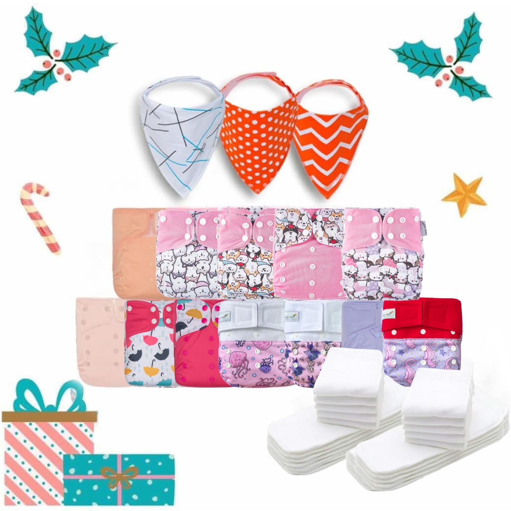 KaWaii Baby 12 Pack One Size Pocket Cloth Diapers + 24 Inserts | Washable Reusable Leakproof Diapering System for Babies 8-36 lbs | Perfect for Daycare, Travel & Eco-Friendly Parenting