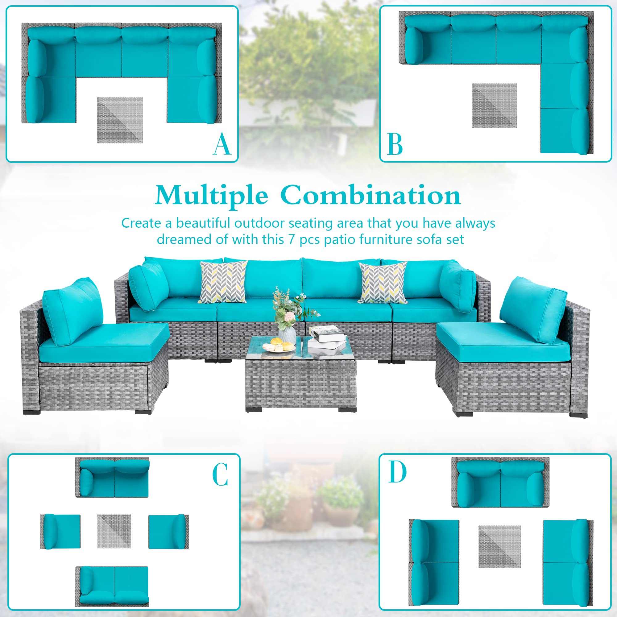 JAMFLY 7-Piece Wicker Patio Furniture Set, Outdoor Rattan Sofa Conversation Set with Washable Cushions & Glass Coffee Table - Light Blue - Perfect for Garden, Backyard, Poolside & Porch Relaxation