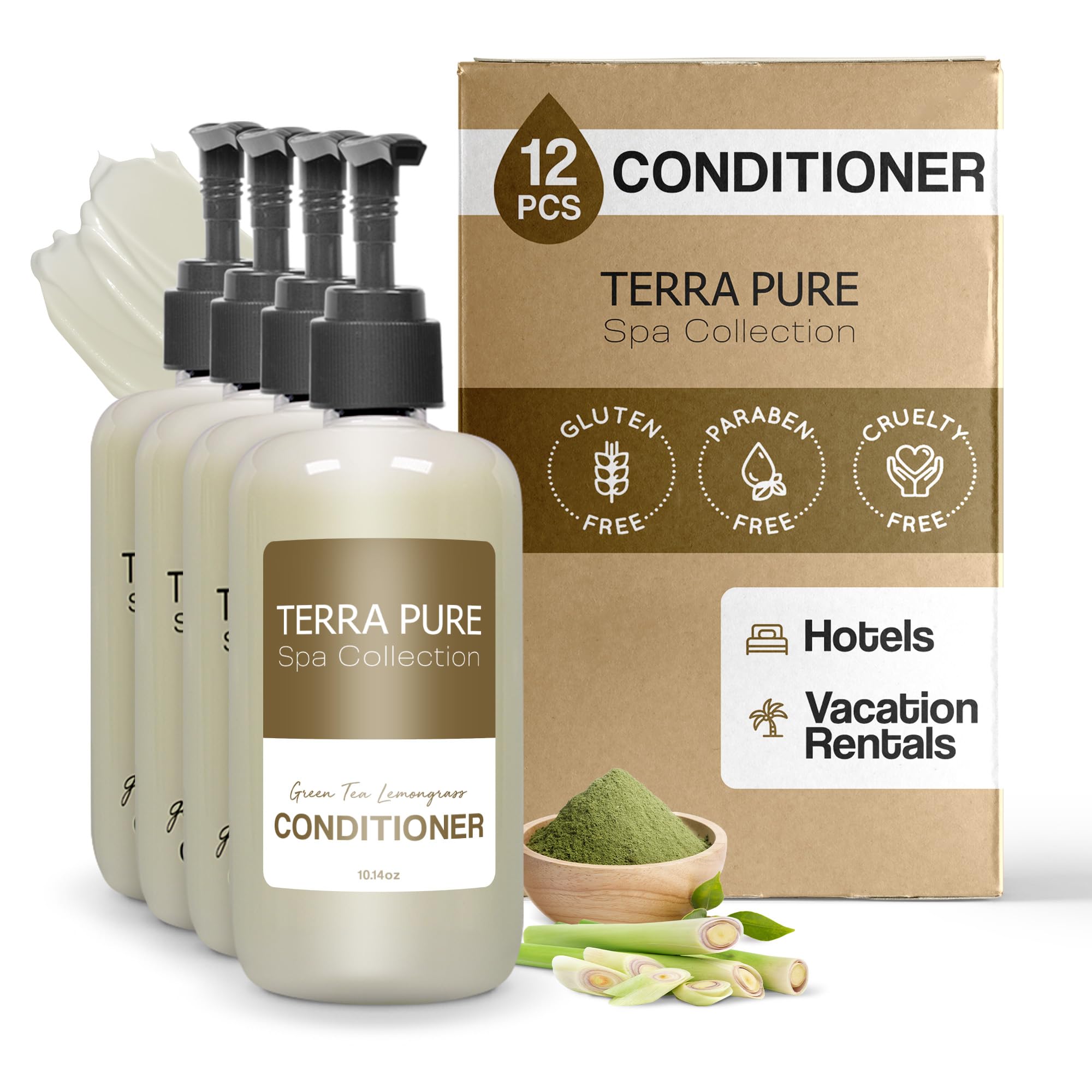 Terra Pure Spa Conditioner for Hotels - 10.14oz/300ml Pump Bottle (Pack of 12) | Luxury Hair Care for Hotels, Spas & Travel | Bulk Amenities for Hospitality Industry