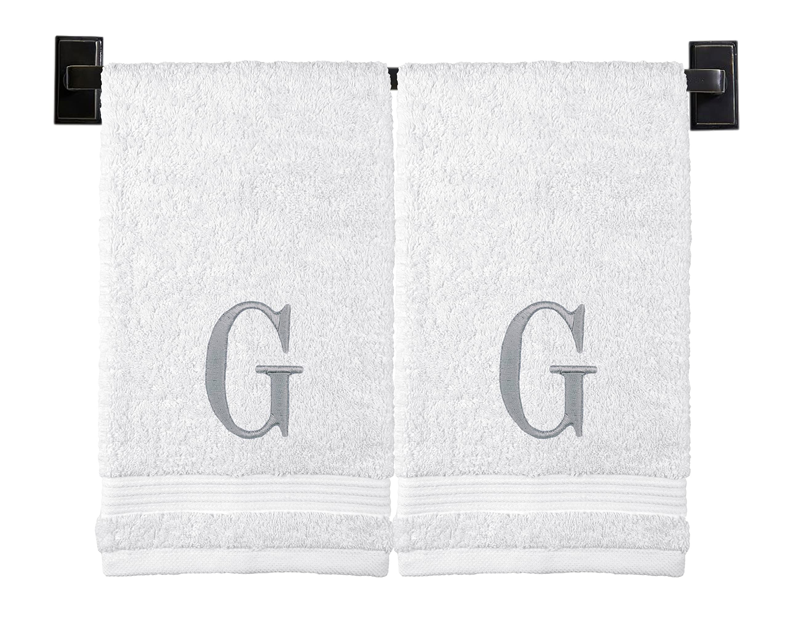Custom Monogrammed Luxury Hand Towels Set of 2 - 100% Premium Turkish Cotton with Silver Thread Embroidery - Personalized White Bath Towels for Spa, Wedding & Housewarming Gifts - Elegant Modern Home Decor