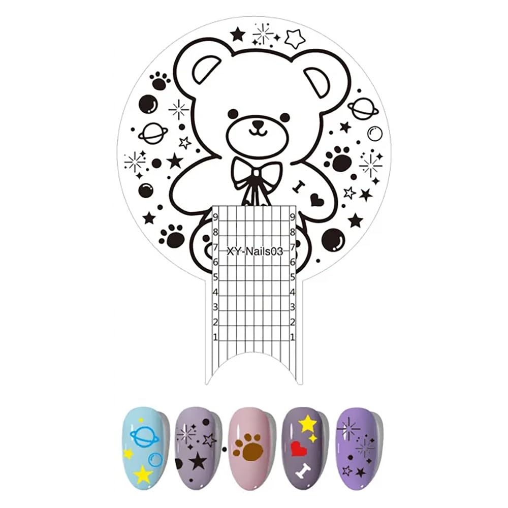 Stainless Steel Nail Ruler - Professional Length Measuring Tool with Teddy Bear Art Stencil Designs for Nail Stamping & Manicure - Perfect for DIY Nail Art, Salon Use & Home Manicures