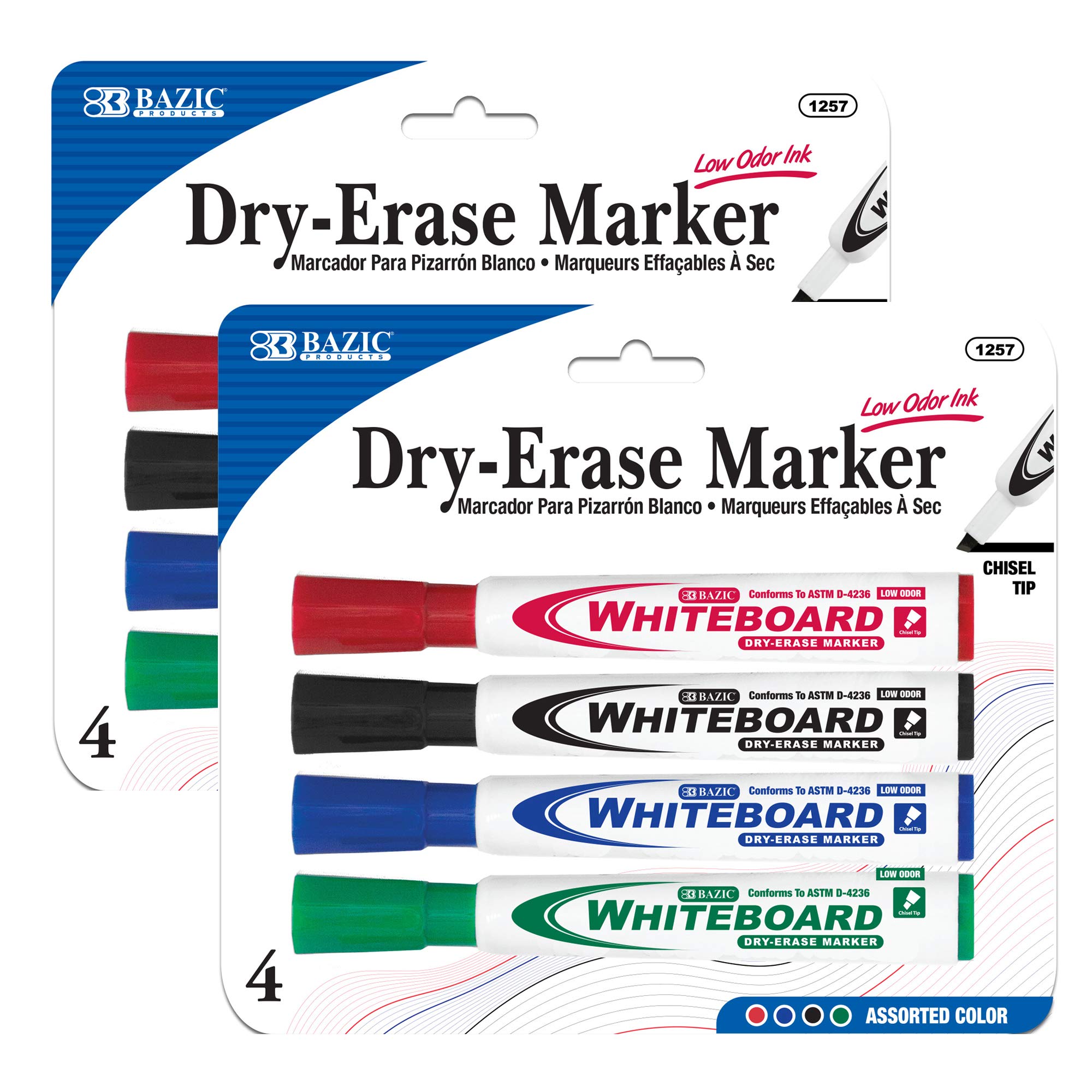 BAZIC 8-Pack Assorted Color Dry Erase Markers with Chisel Tip - Low Odor Whiteboard Pens for Office, School & Home Use - Perfect for Presentations, Teaching, and Planning Boards (4 Markers per Pack, 2 Packs)
