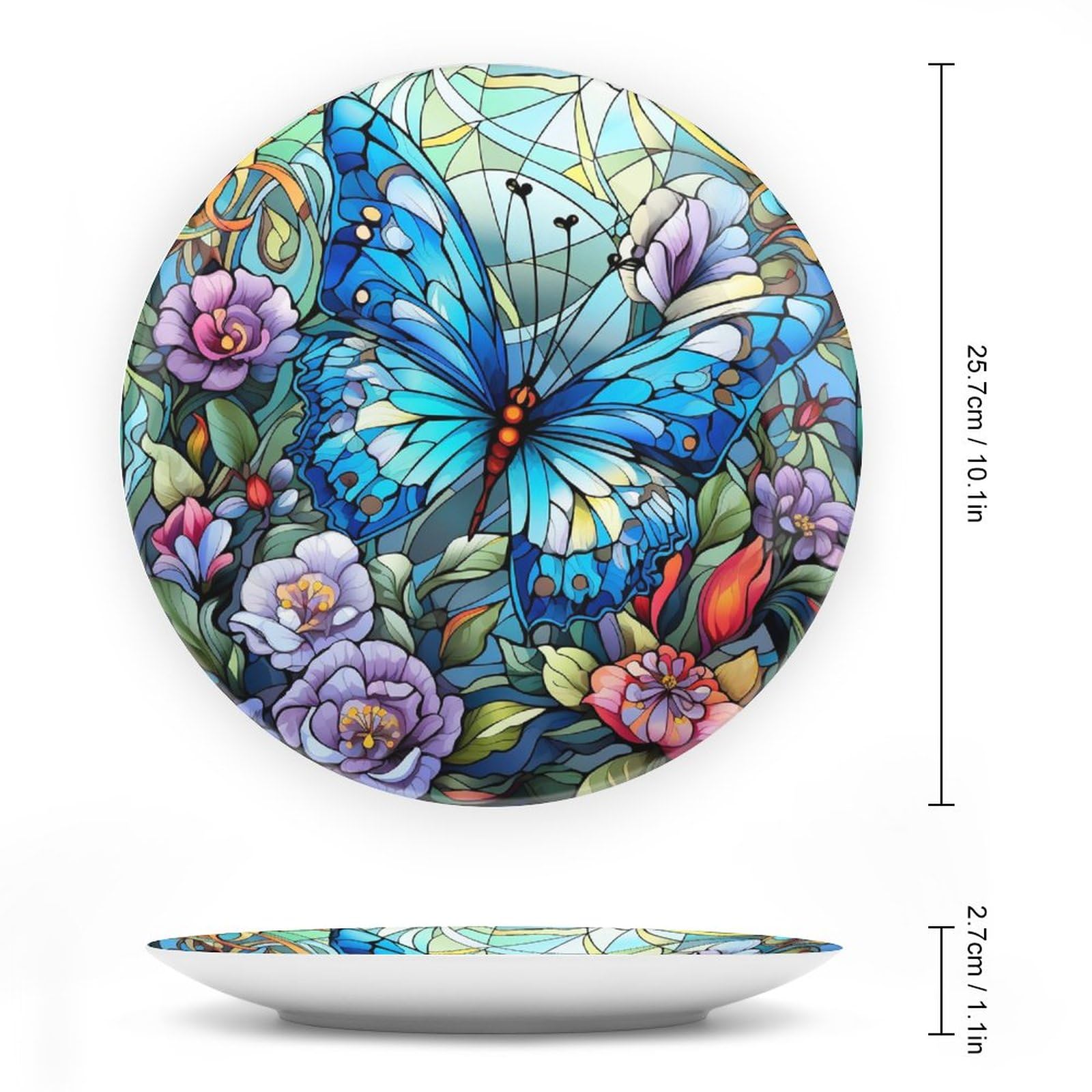 Blue Butterfly Purple Red Flower Stained Glass Decorative Ceramic Plates - 10 Inch Dinner Plates for Kitchen, Home Decor, Gift for Butterfly Lovers - Perfect for Dining, Wall Display, and Side Table Decor