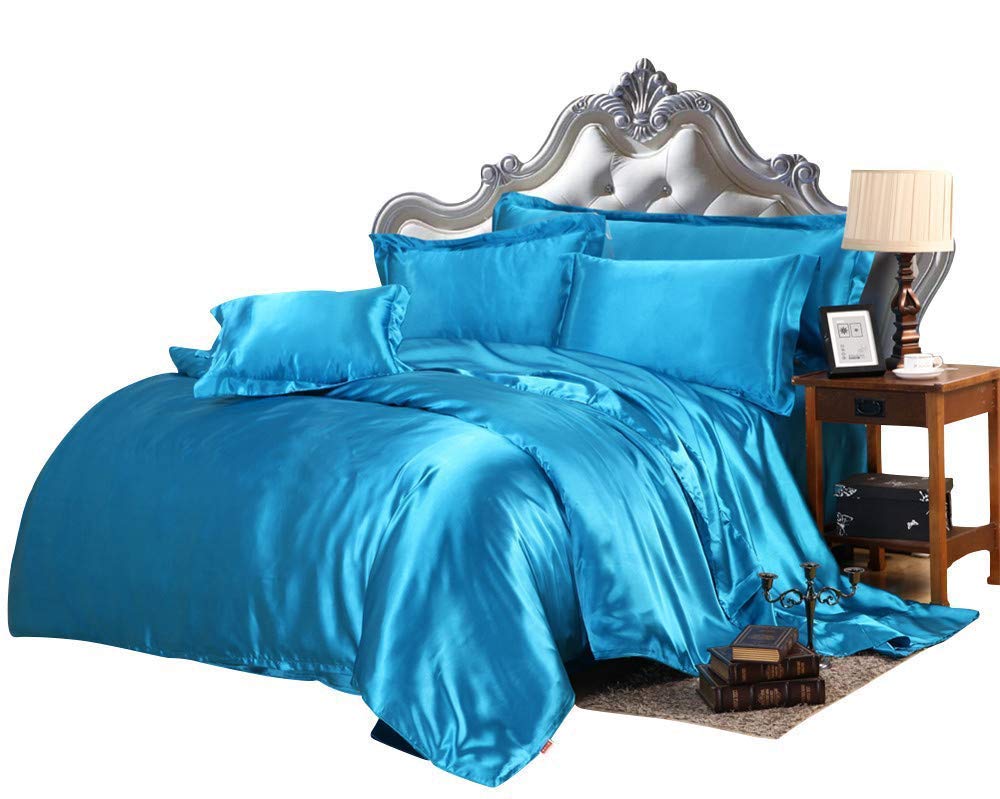 Premium 7-Piece Satin Twin Comforter Set - 500 GSM Turquoise Blue Duvet Insert with Fitted Sheet, Flat Sheet & 4 Pillowcases | Soft Bedding for Cozy Nights & Guest Rooms | Machine Washable Satin Comforter Set