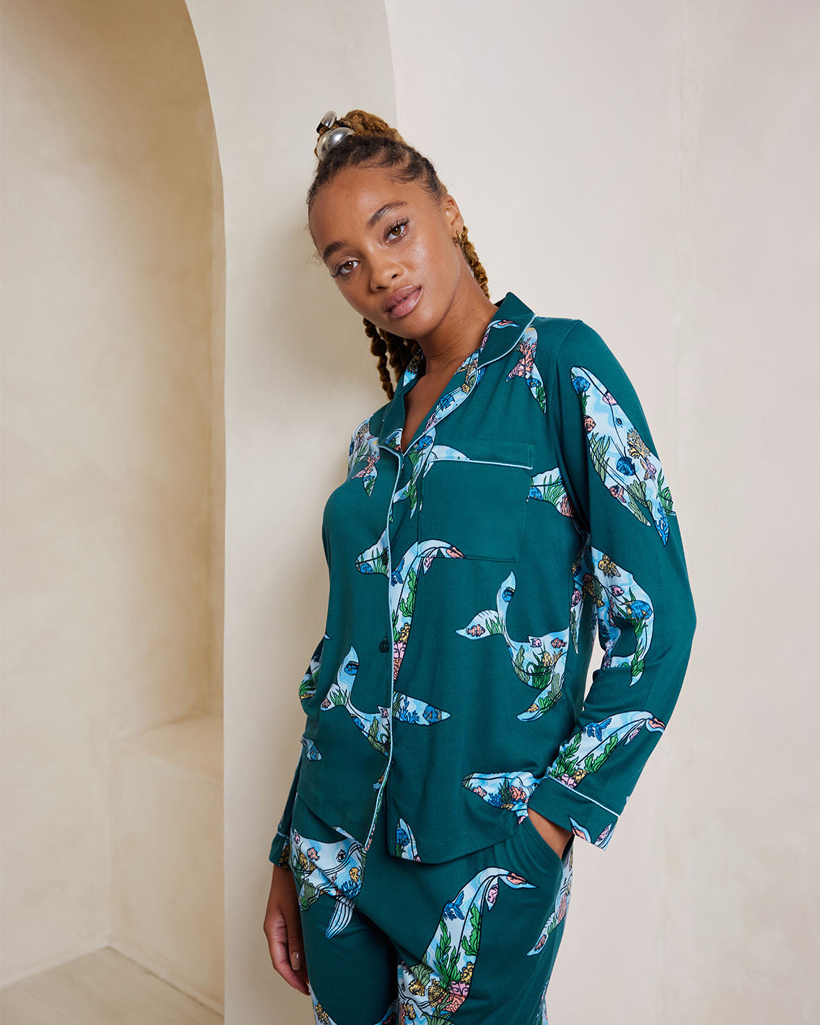 Whale Print Coral Pajama Set for Women - Soft Long Sleeve Sleepwear with Comfortable Pants - Perfect for Cozy Nights, Loungewear & Gift Giving