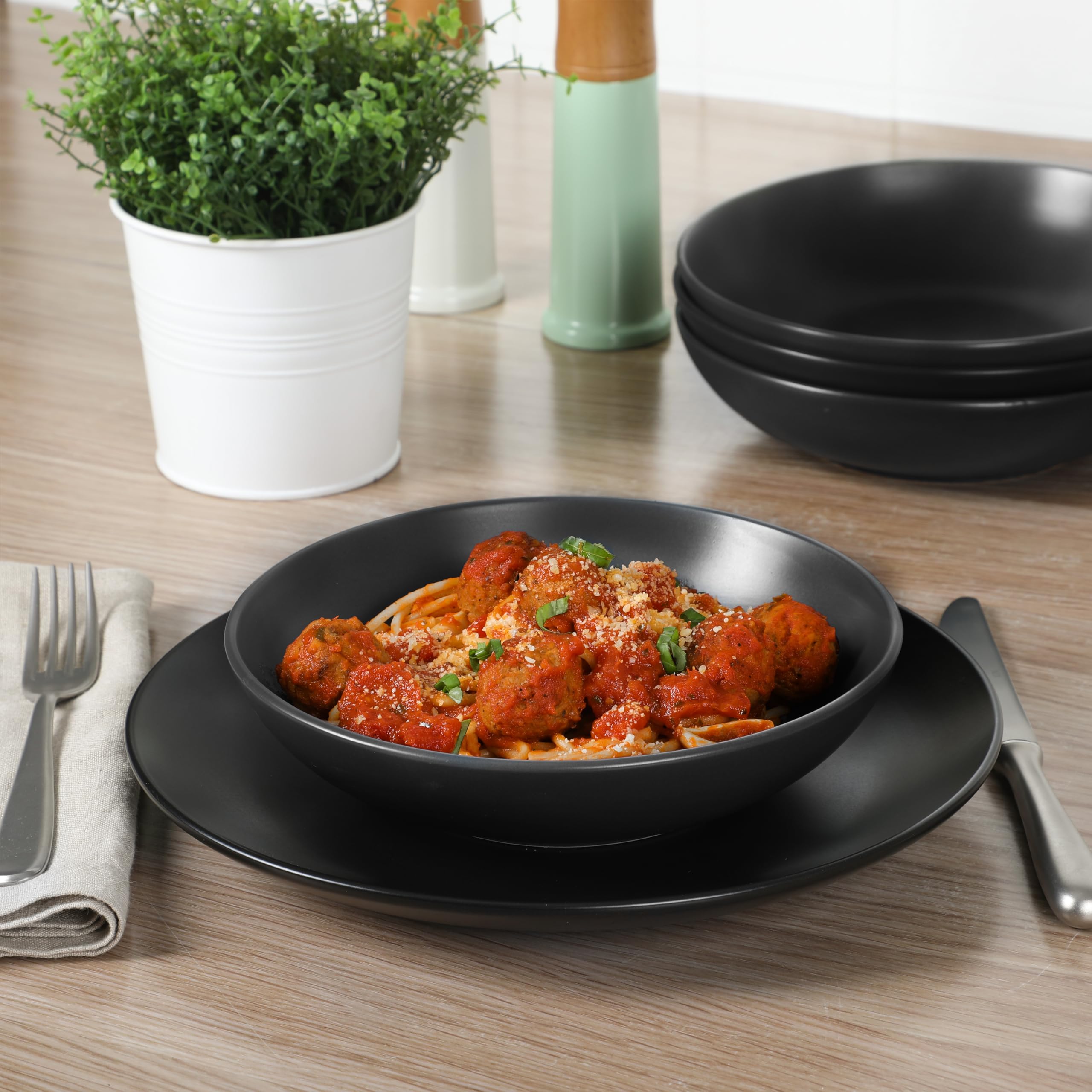 Gibson Home Queenslane 16-Piece Dinnerware Set - Matte Black Double Bowl Plates & Bowls for Everyday Dining, Family Meals, and Dinner Parties