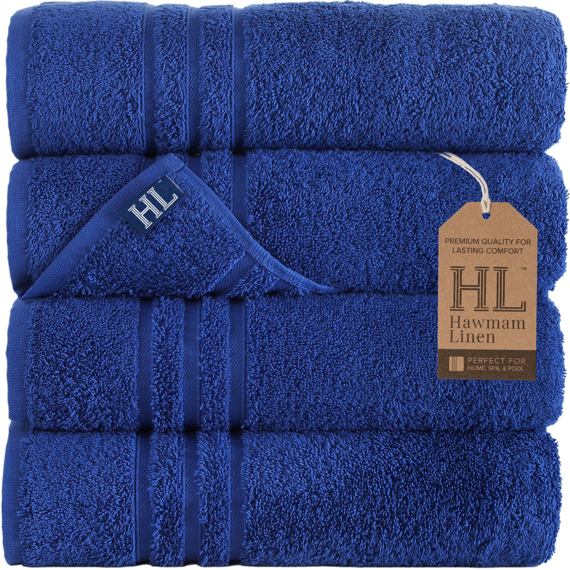Premium 100% Cotton Bath Towels 4 Pack - Soft, Absorbent 600 GSM Linen Royal Blue Towels for Spa, Bathroom & Beach | Hawmam Luxury Towel Set for Daily Use & Gifts