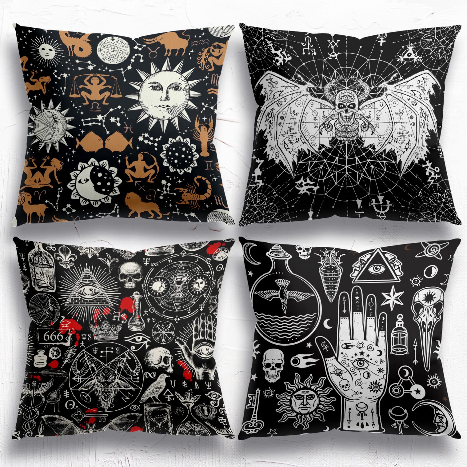Vintage Alchemical Astrology Palmistry Throw Pillow Covers 18x18 Inch Set of 4 - Gothic Skull Decor for Home, Bedroom & Meditation Space - Perfect Gift for Sister, Daughter & Astrology Lovers