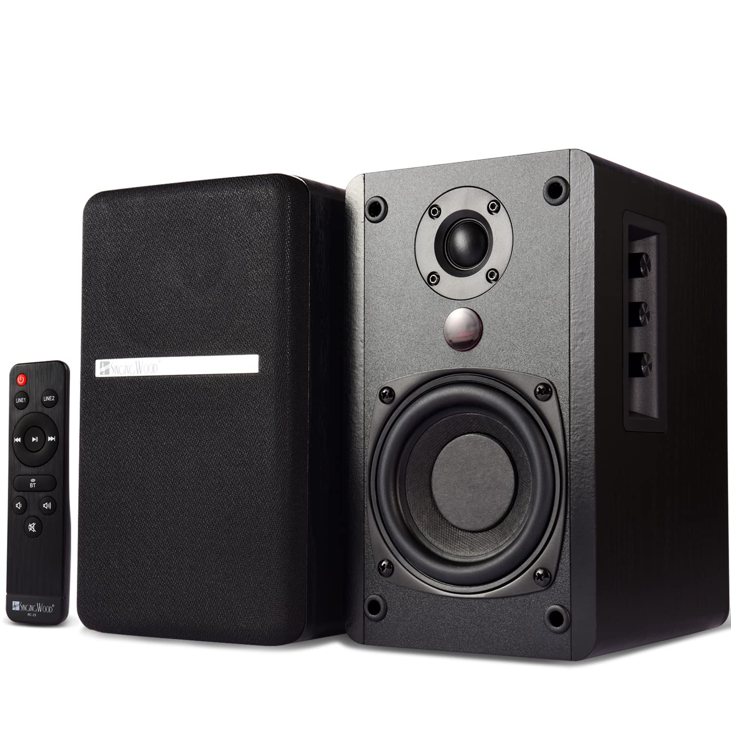 SINGING WOOD BT25 (2024 Version) 80W Bluetooth Bookshelf Speakers with Optical/Aux Inputs & Subwoofer Output - Wooden Enclosure for Home Theater, PC, TV, Turntable - Perfect for Living Room, Gaming & Music Listening (Black)