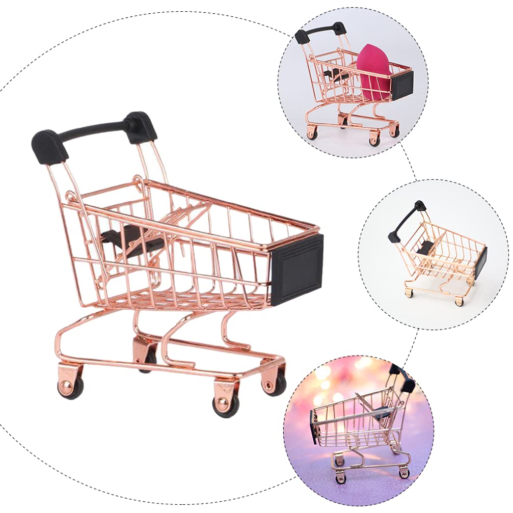 BESTOYARD Mini Shopping Cart - Metal Beauty Makeup Sponge Holder & Tiny Grocery Handcart - Cute Supermarket Toy for Kids Room Storage & Bathroom Organization