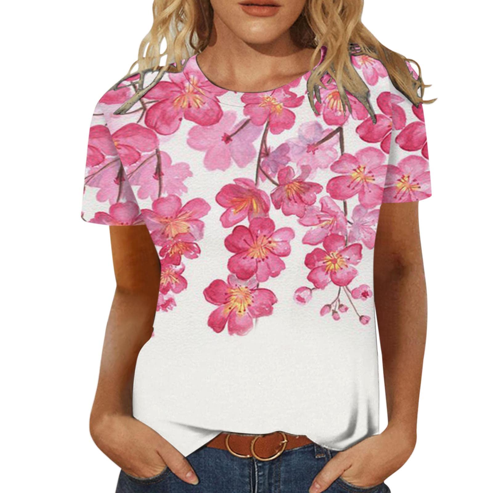 Women's Floral Print Crewneck T-Shirt & Workout Tank Top - Casual Fit Summer Fall Blouse Tunic for Gym, Yoga, and Everyday Wear