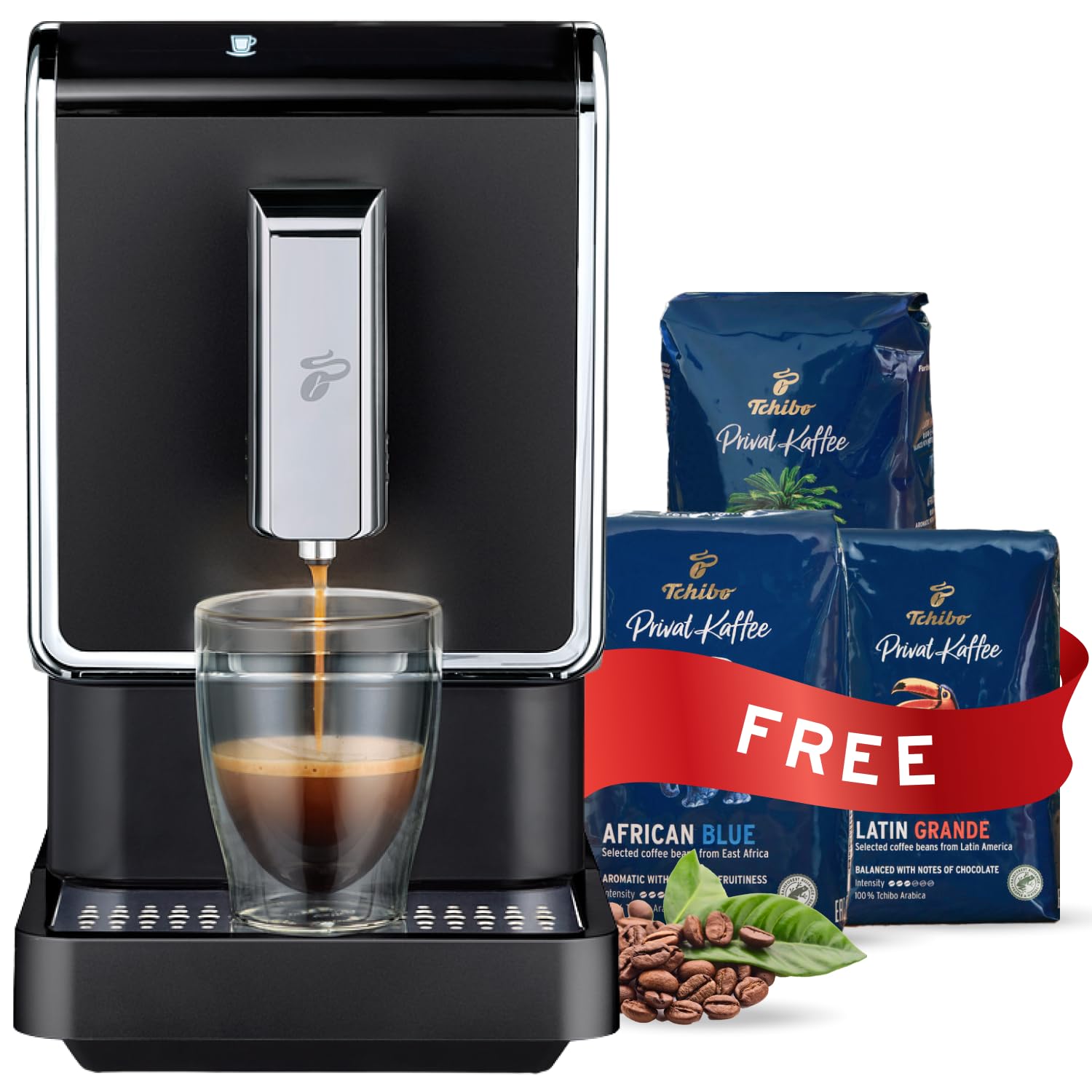 Tchibo Single Serve Coffee Maker - Automatic Espresso Machine with Built-in Grinder, No Pods Needed (Includes 3 x 17.6oz Whole Bean Coffee Bags) - Perfect for Home, Office & Small Spaces