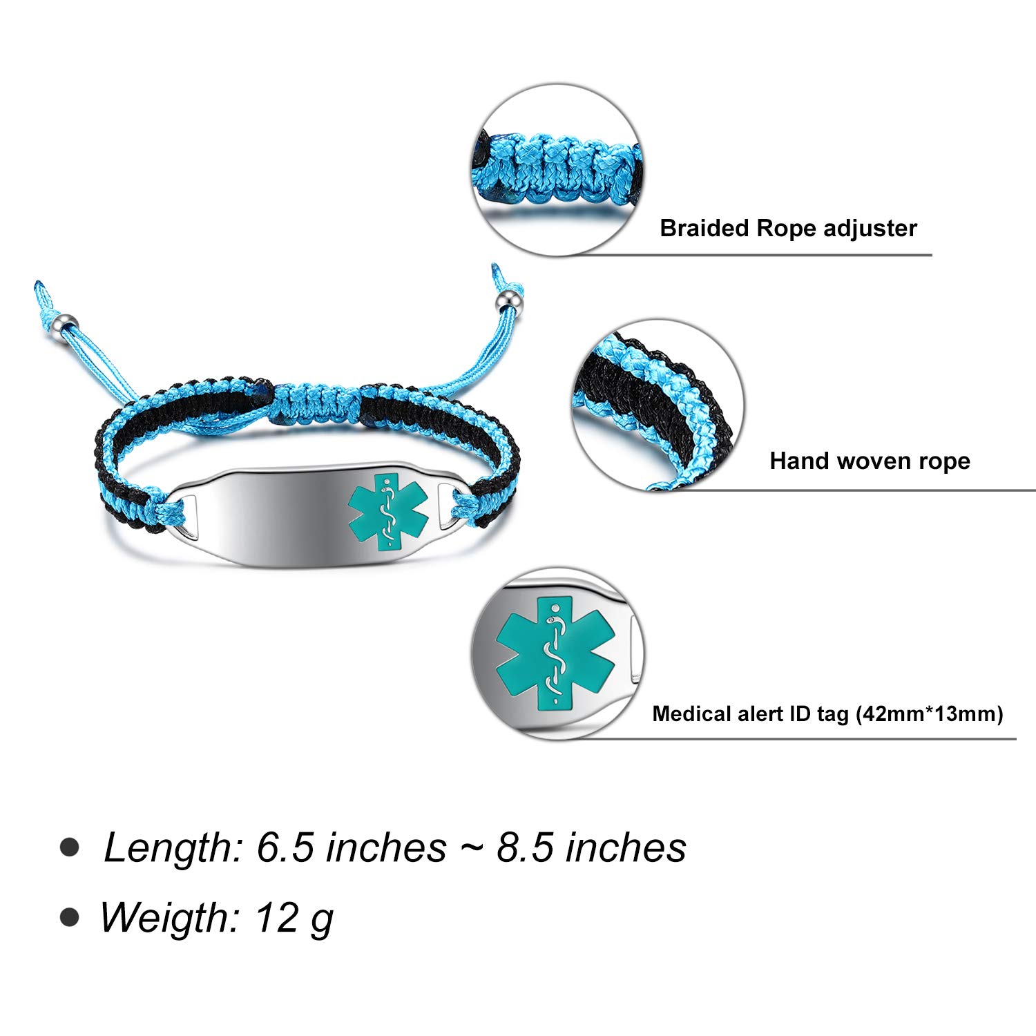Custom Medical Alert Bracelets for Women - Free Engraving, Adjustable 6.5-8.5 Inch Nylon Braided ID Bracelet - Personalized Handmade Emergency Medical Jewelry - Perfect for Allergies, Diabetes & Daily Safety