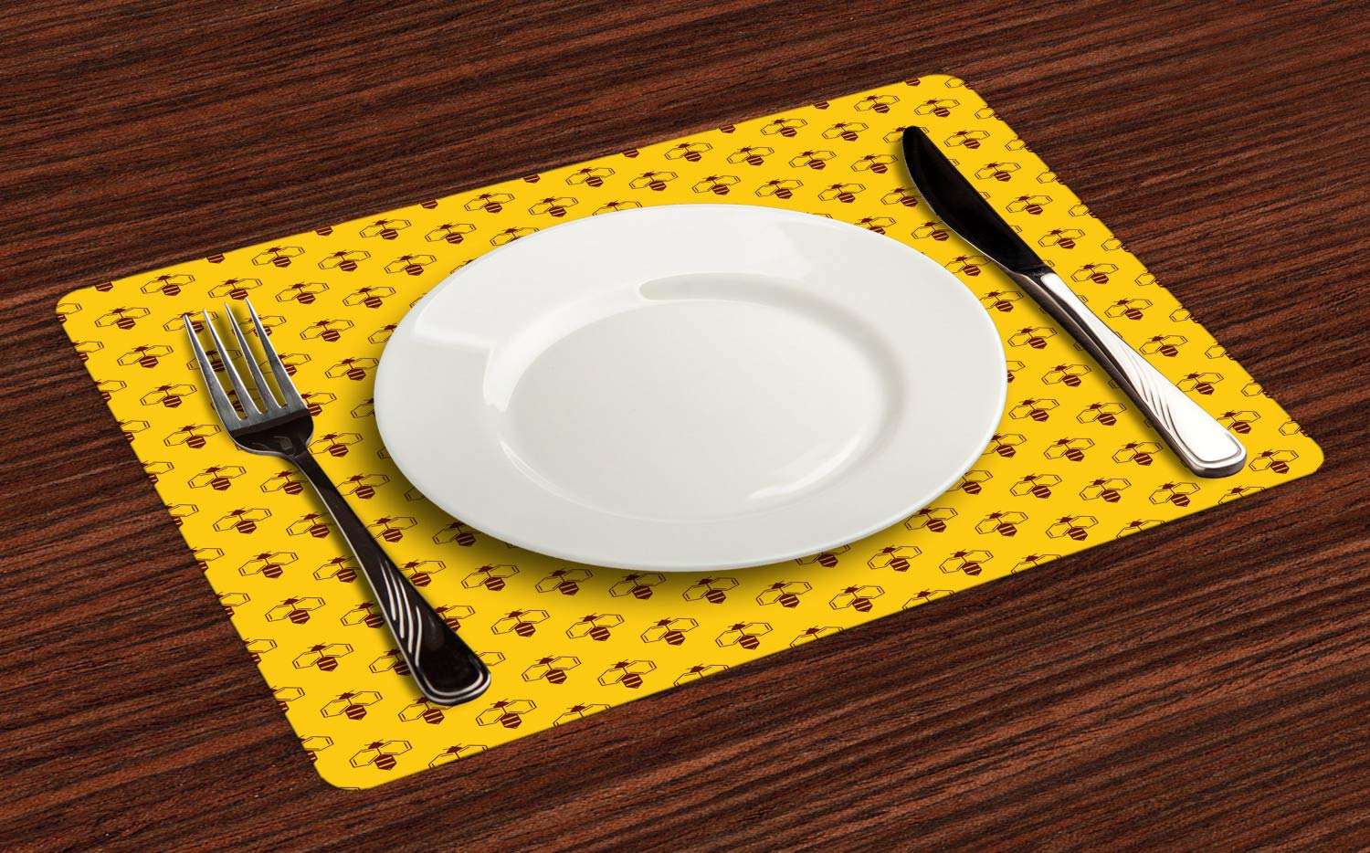 Ambesonne Queen Bee Place Mats Set of 4 - Geometric Honeycomb & Bumblebee Design Washable Fabric Placemats for Dining Table, Kitchen Decor in Earth Yellow & Seal Brown | Perfect for Nature-Themed Parties, Bee Lover Gifts & Farmhouse Style Dining