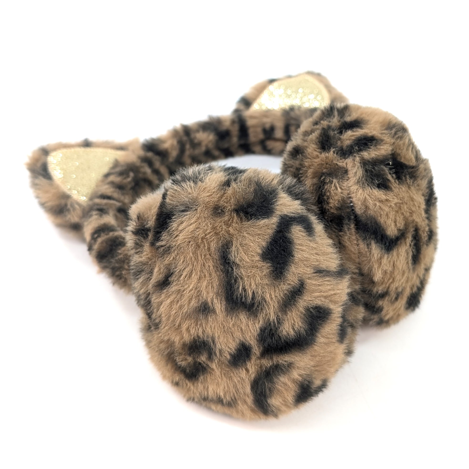 Glitter Cat Ear Headband - Brown Animal Print Earmuffs for Women, Girls - Winter Warm Fashion Accessory for Outdoor Activities, Cosplay, and Parties
