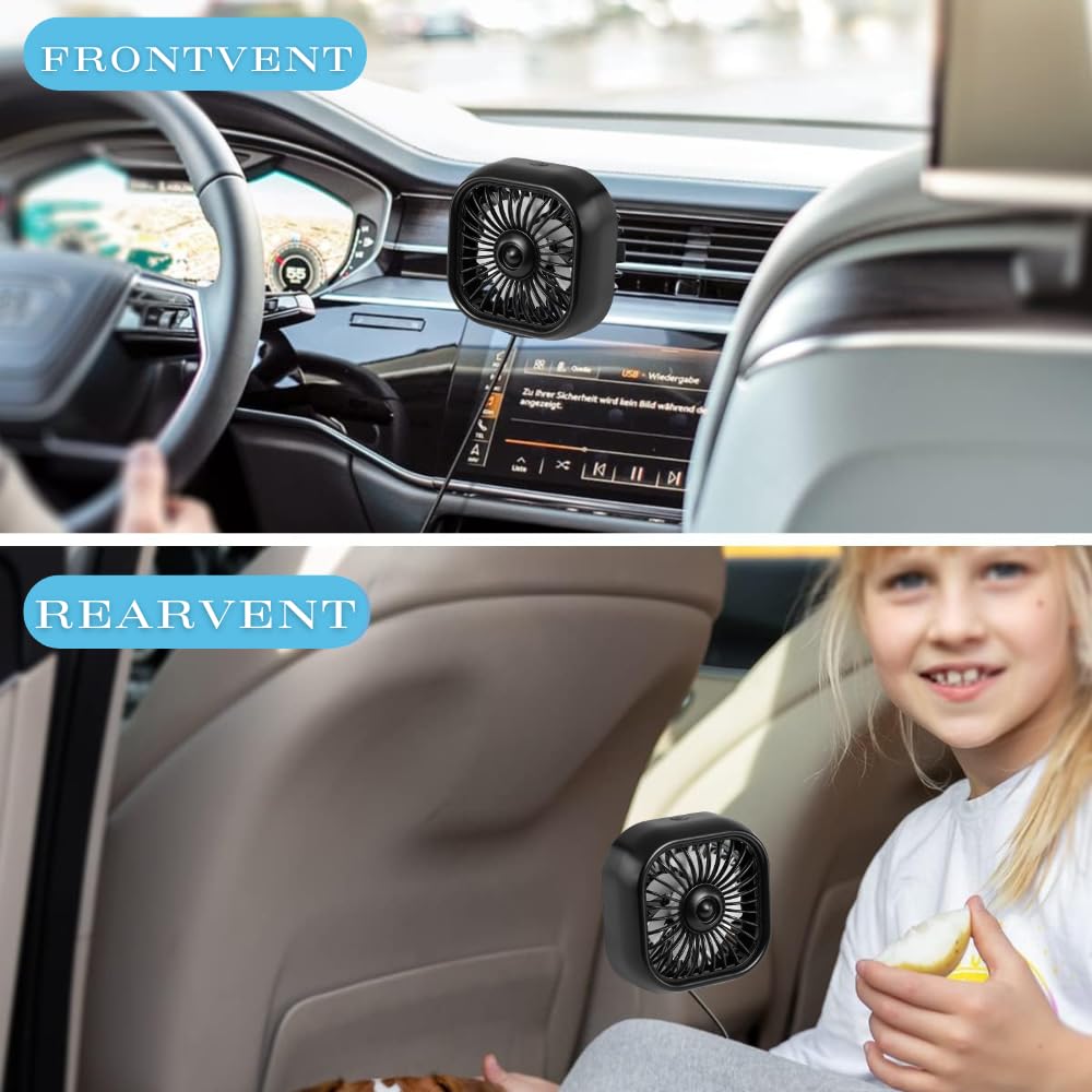 USB Car Fan - 3 Speed Adjustable Clip-on Cooling Fan for Vehicle, SUV, RV - Strong 5V Air Circulation Fan for Summer Travel & Road Trips