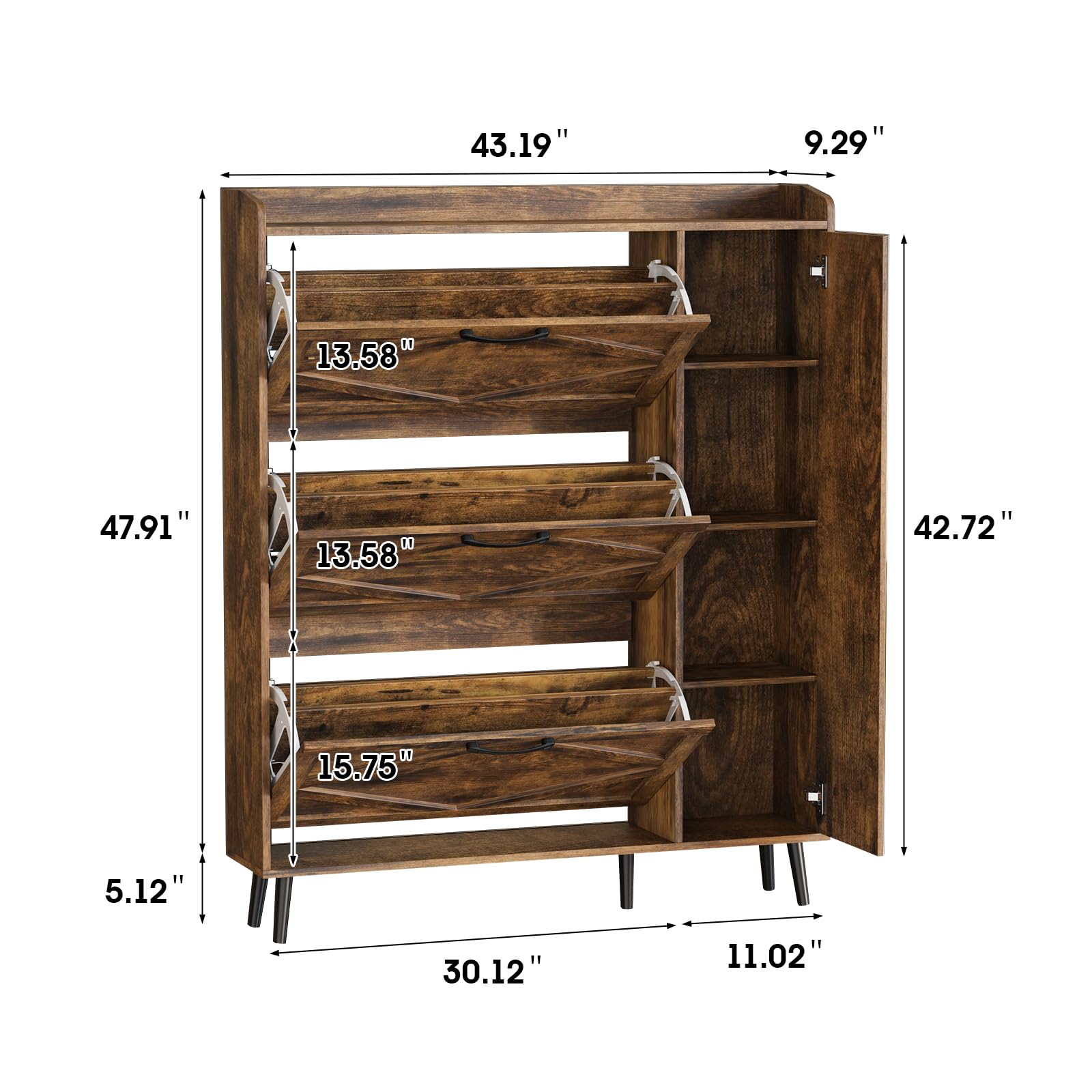 Maupvit 3-Tier Flip-Drawer Shoe Storage Cabinet with Mirror - Freestanding Shoe Organizer with 5 Wooden Legs, Slim Shoe Rack with Shelves & Door for Entryway, Hallway, Living Room - Perfect for Small Spaces & Shoe Lovers (Brown)