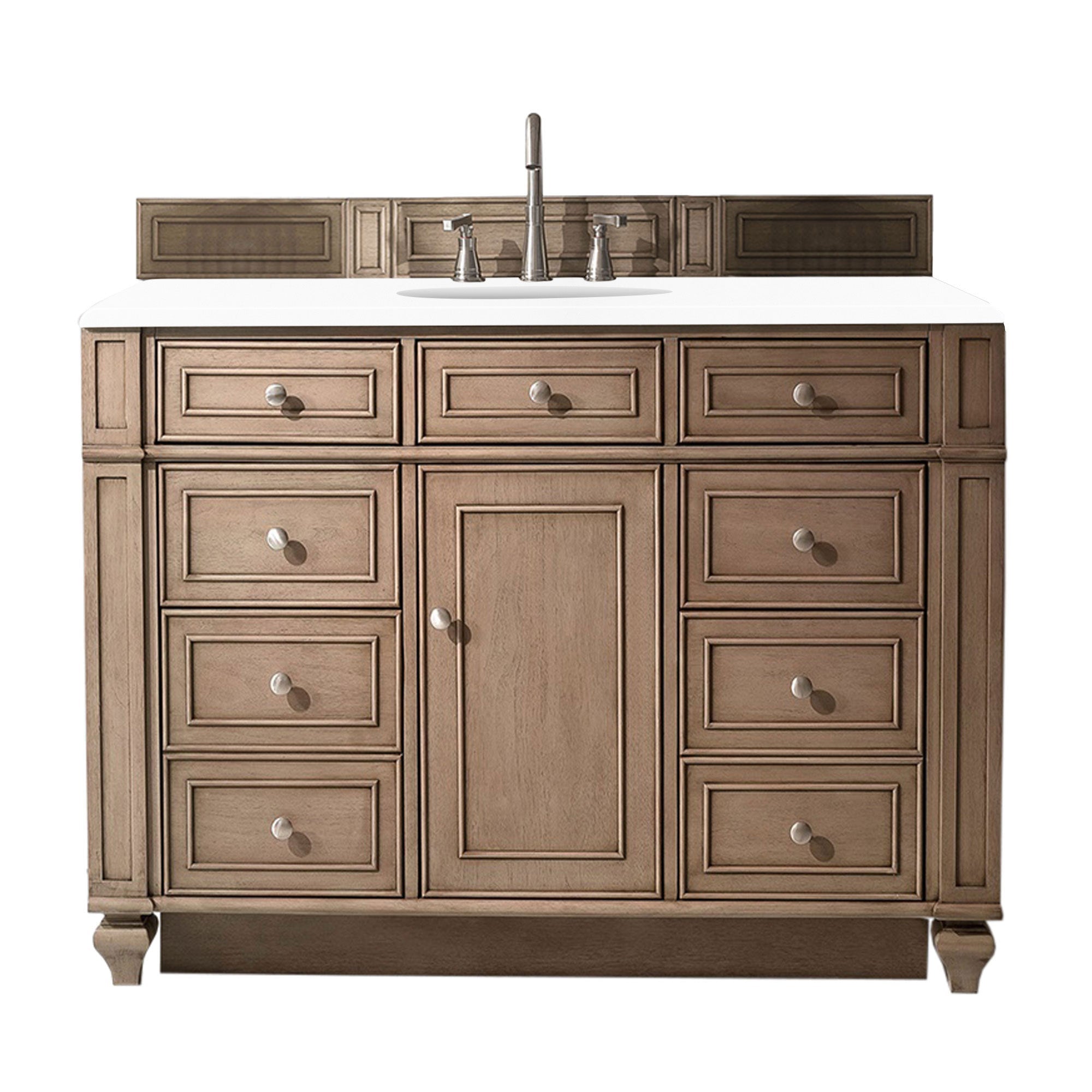 Bristol 48 Inch Single Bathroom Vanity in Whitewashed Walnut with 3CM Classic White Quartz Countertop - Perfect for Modern Farmhouse, Coastal, or Transitional Style Bathrooms