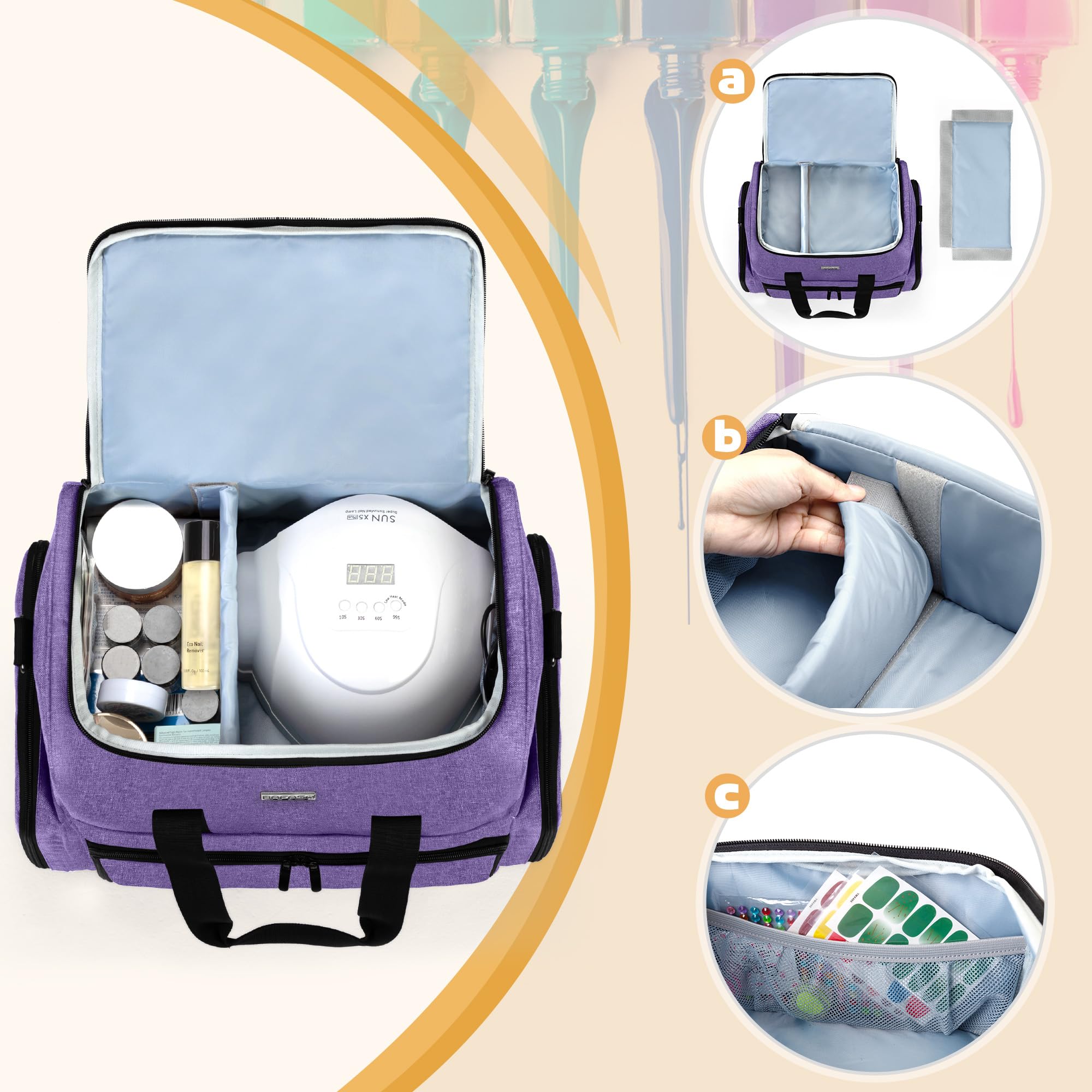 BAFASO Professional Nail Polish Organizer Case - Holds 80 Bottles (15ml/0.5oz) with UV Nail Lamp Storage, 2 Removable Pouches & Manicure Tools Sections - Portable Nail Art Station for Salon, Home, Travel (Purple, Patented Design)
