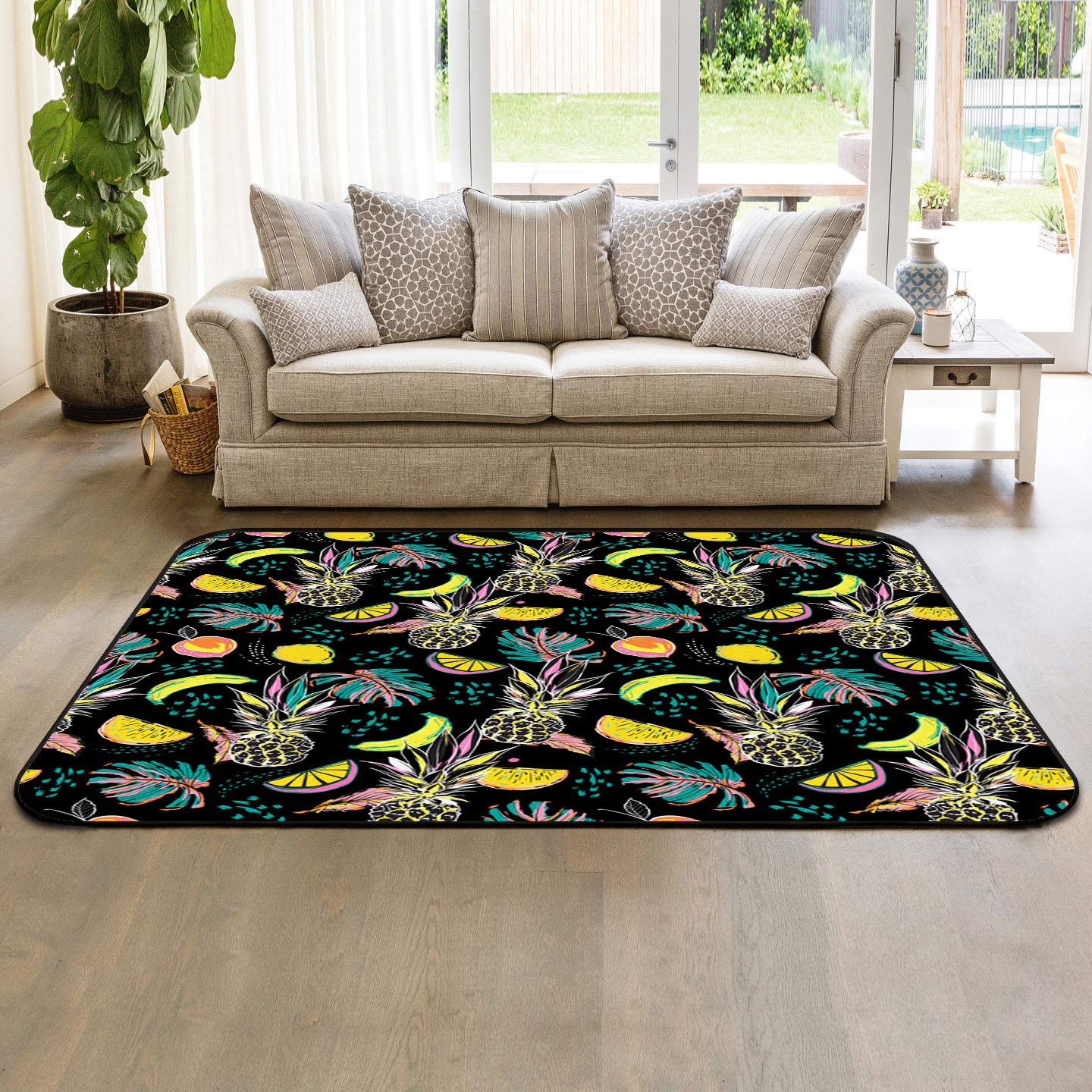 2' x 3' Tropical Floral Modern Area Rug - Soft Indoor/Outdoor Throw Carpet for Living Room, Bedroom, Nursery - Kids Friendly Lemon Pineapple Banana Design - Perfect for Home Decor, Dorm, Patio & Playroom