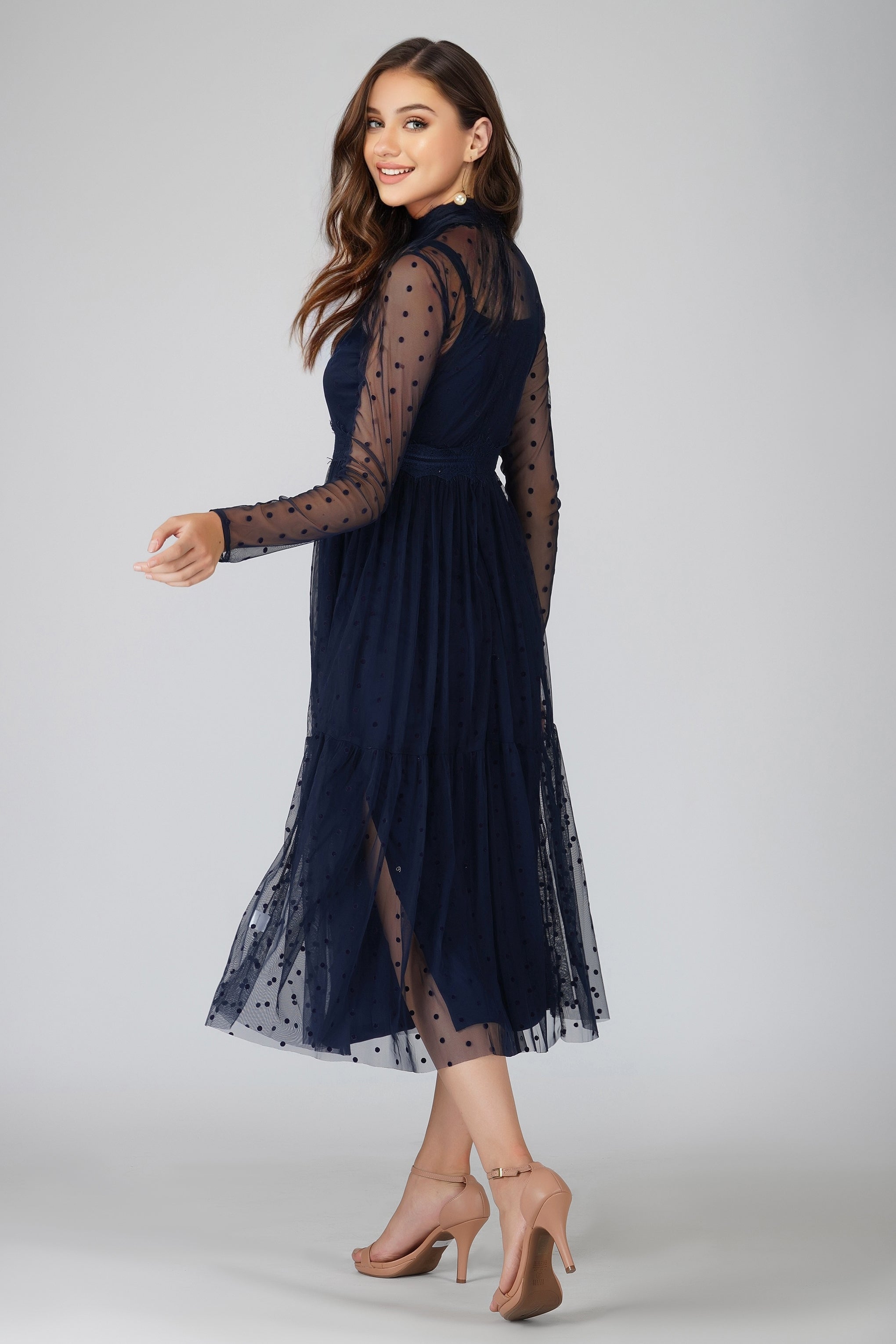 Roman Lola Navy Blue Polka Dot Midi Dress - Flowy Summer Dress for Women, Perfect for Beach Vacations, Brunch Dates & Casual Outings