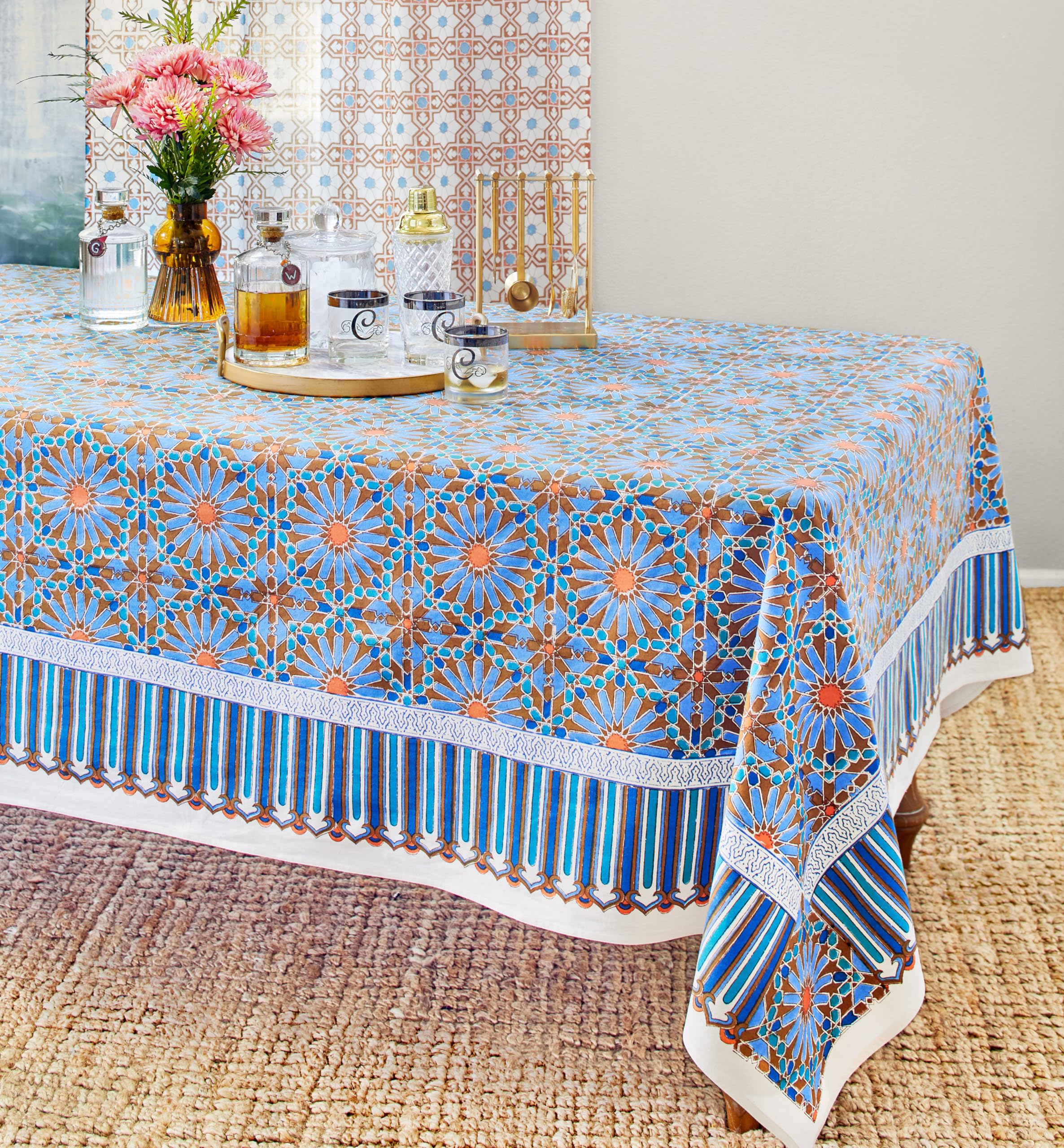 Handmade Blue Mosaic Print Rectangle Cotton Tablecloth - 100% Washable Luxury Table Cover for Dining, Kitchen & Coffee Table (70x120 Inches) - Perfect for Home Decor, Parties & Special Occasions
