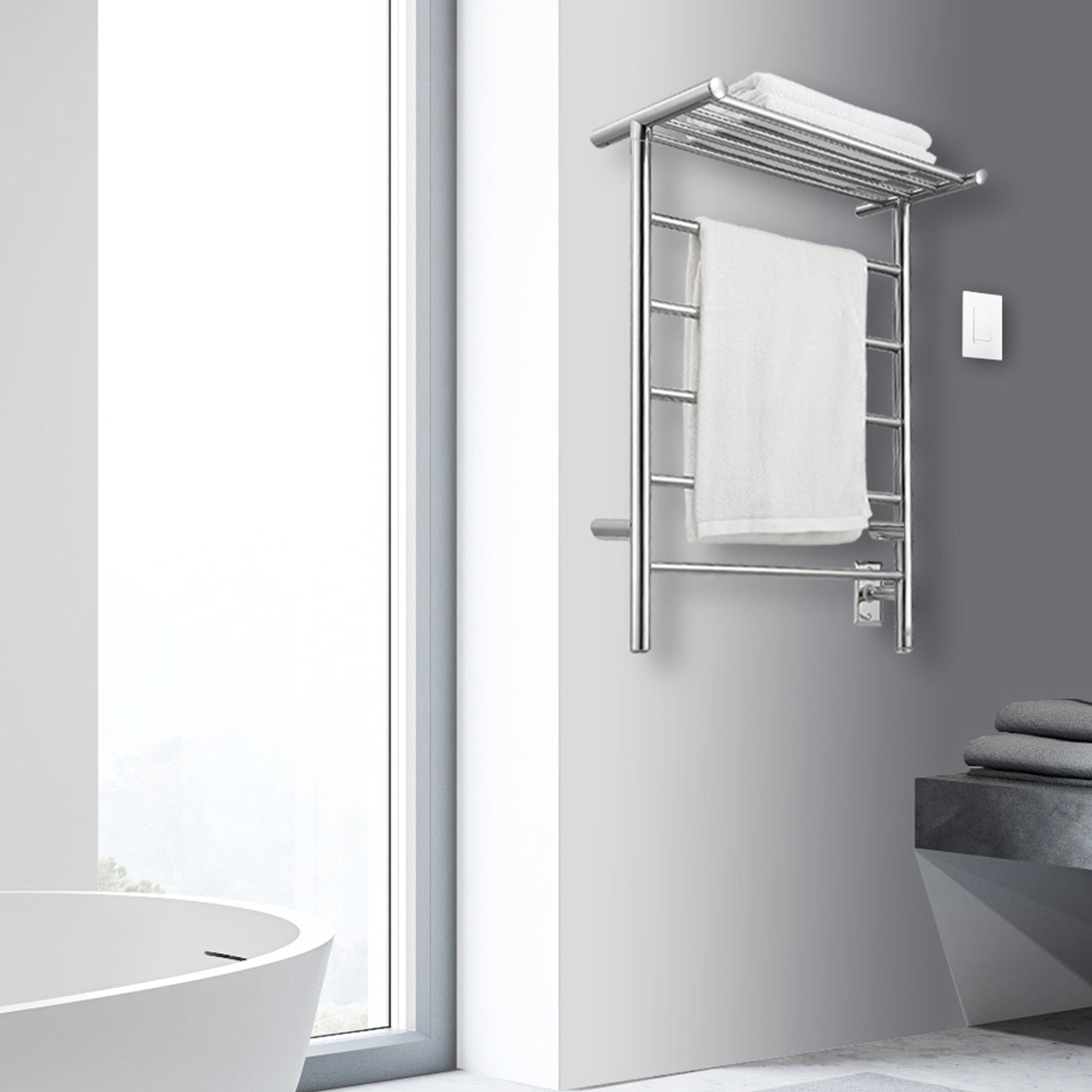 Miazzo 5 Bar Electric Wall Mount Towel Warmer with Shelf - Plug In or Hardwire, Polished Stainless Steel, WiFi Timer - Perfect for Bathroom, Spa, Gym & Luxury Home Heating