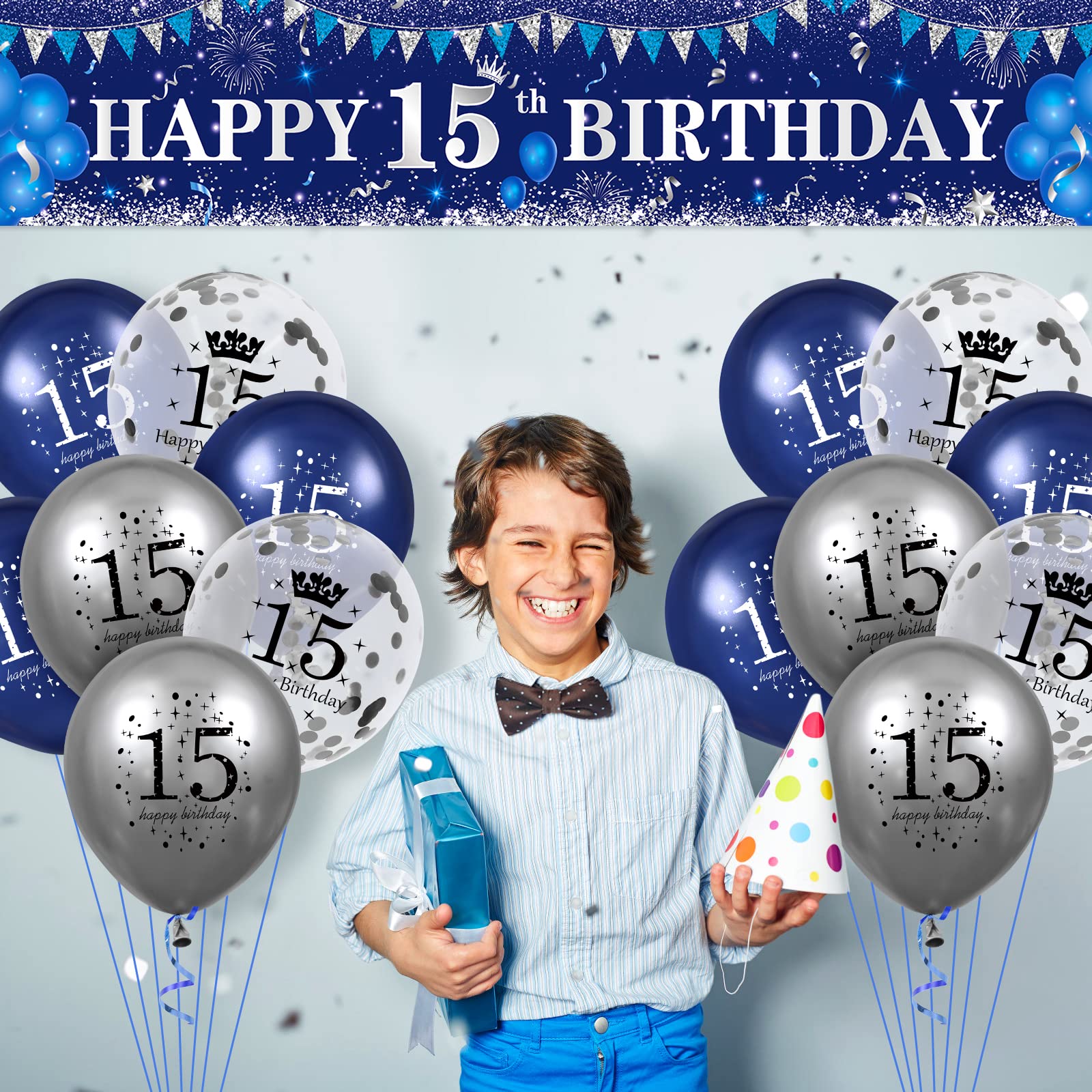 Navy Blue & Silver Happy 15th Birthday Decorations Set - Yard Banner, Balloons for Boys & Girls 15th Birthday Party Supplies | Perfect for Anniversary Celebrations, Backyard Parties & Milestone Decor