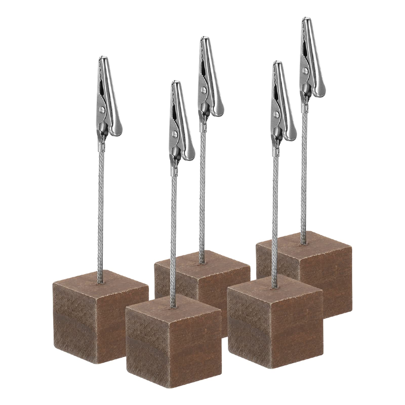 PATIKIL 5-Pack Wooden Place Card Holders with Alligator Clips - Table Number Stands for Wedding, Party & Events - Memo Clip Holders for Photos, Notes & Cards (Brown)