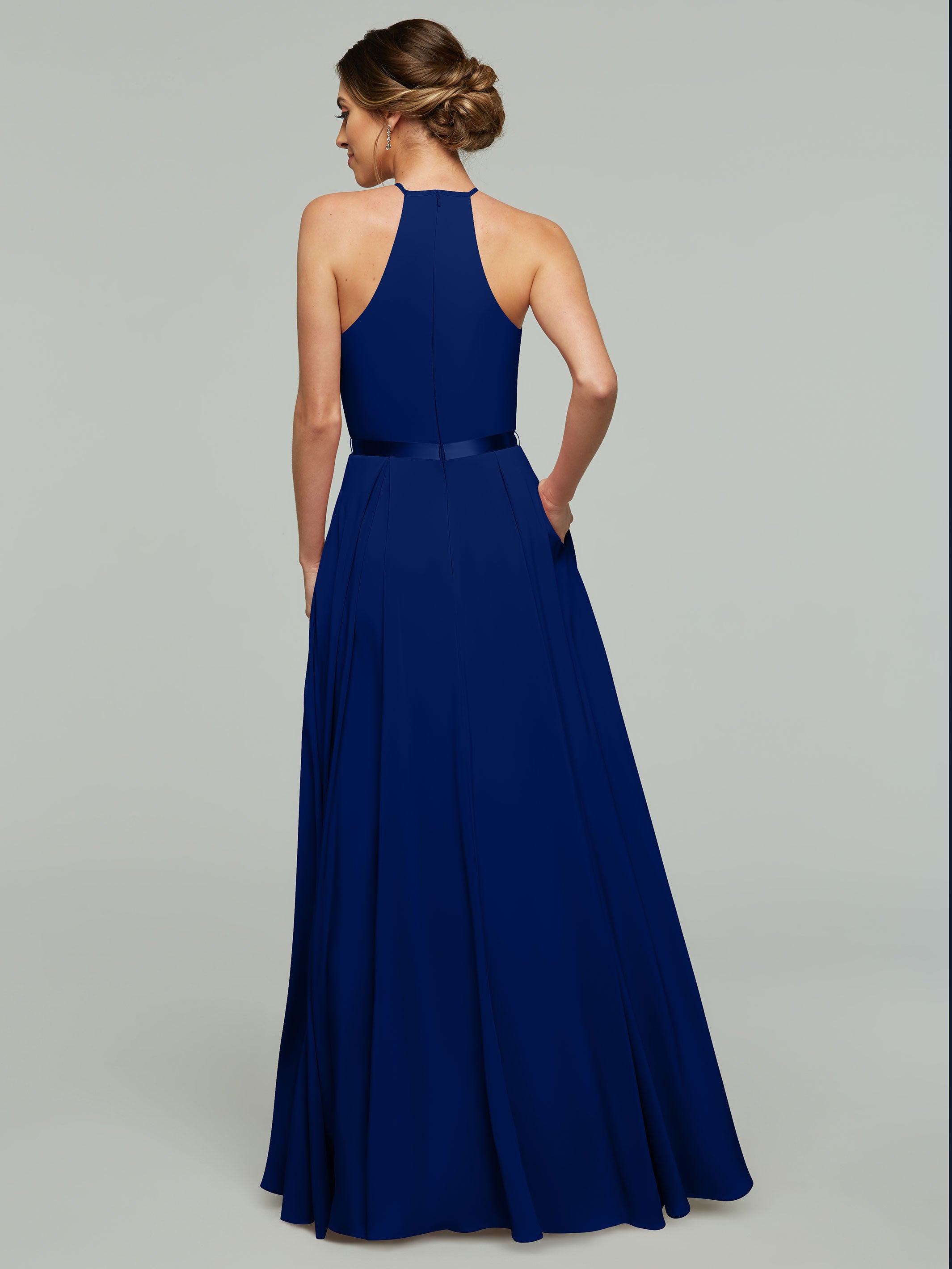 Elegant A-Line Stretch Chiffon Bridesmaid Dress with Halter Neckline & Waist Belt - Perfect for Weddings, Parties & Formal Events