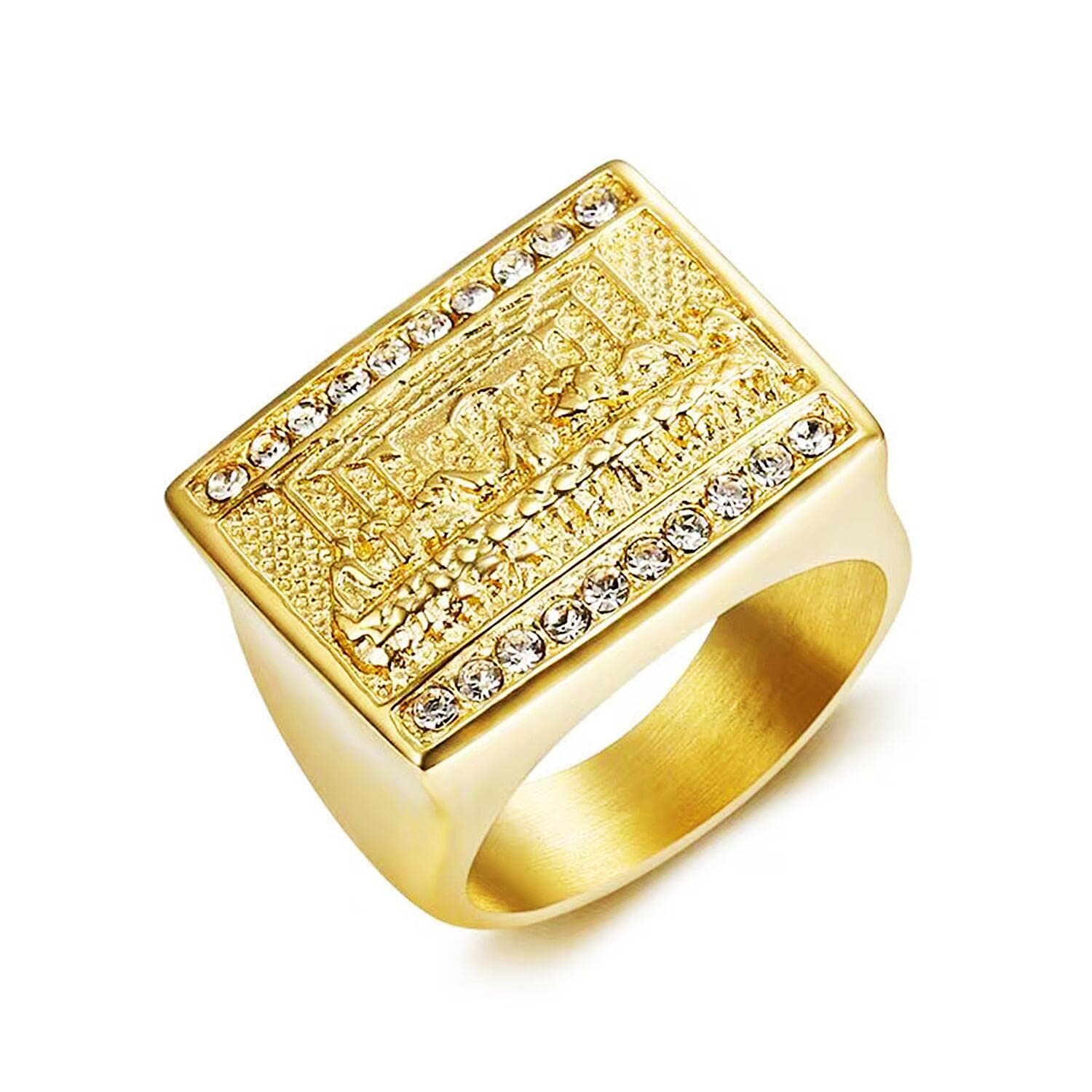 LAIMIUMIU33 Men's Iced Out CZ Ring - Thirteen Apostles & Last Supper Design - 316L Stainless Steel Hip Hop Biker Jewelry - Bling Cuban Style Punk Ring for Heavy Metal & Club Wear - Gold Plated Ceremony Accessory - Perfect for Gifts, Parties, and Streetwear Fashion