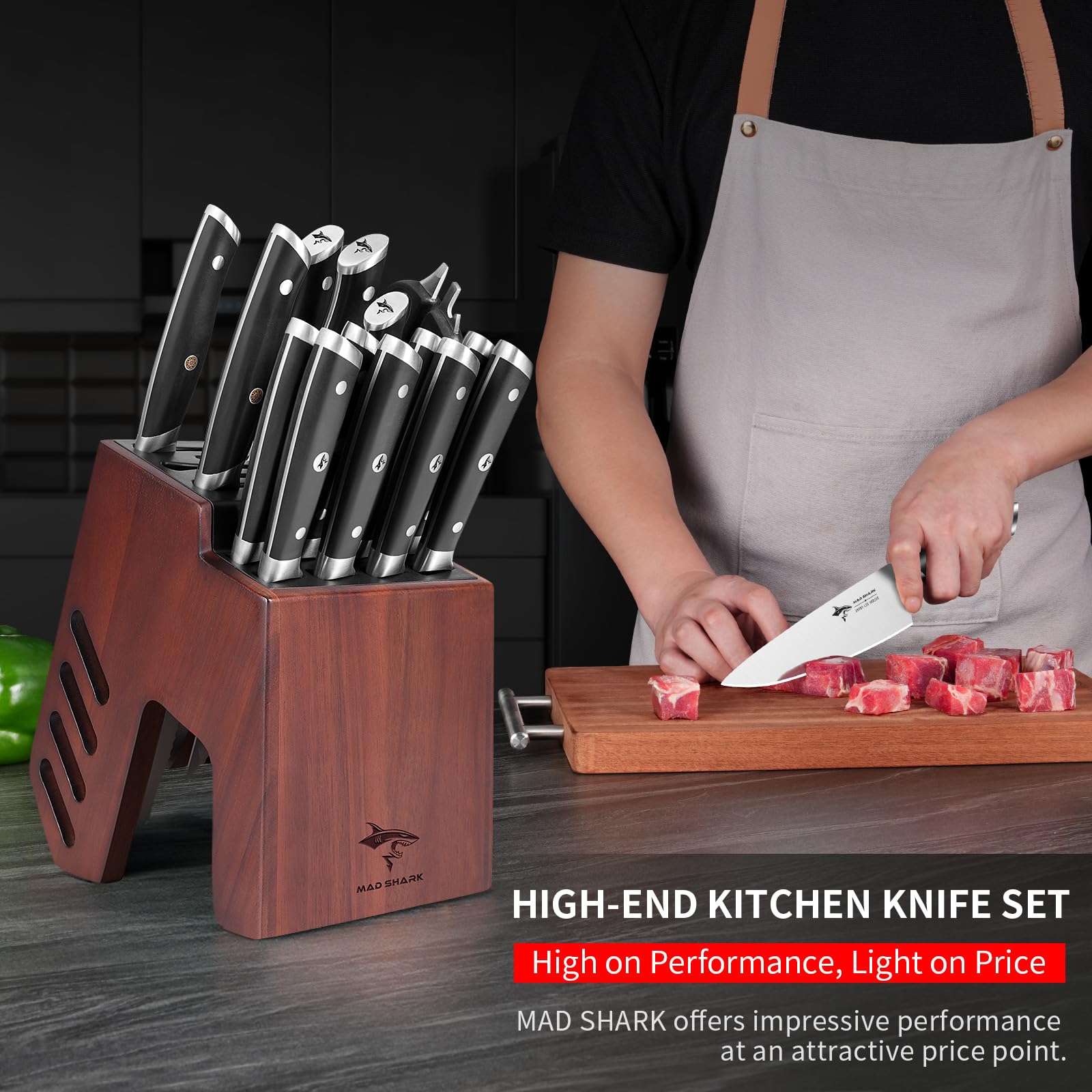 **MAD SHARK 17-Piece Professional Kitchen Knife Set with Block – High Carbon Stainless Steel Ultra Sharp Chef Knives for Home Cooking, Perfect Gift Box | Ideal for Slicing, Dicing, and Food Prep**