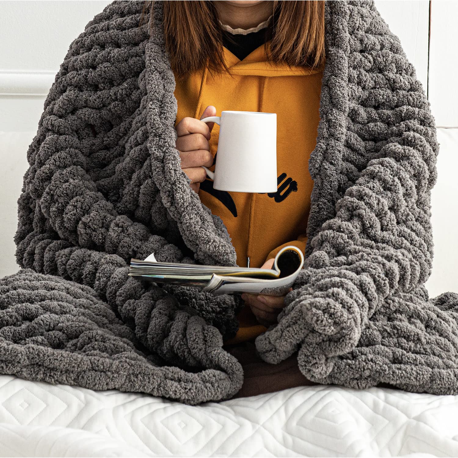 Chunky Knit Blanket 60x80 Inches - Ultra Soft Handmade Crochet Throw Blanket in Slate Grey - Large Knitted Yarn Blanket for Sofa, Bed, Couch - Perfect for Cozy Nights, Living Room Decor & Gift Giving
