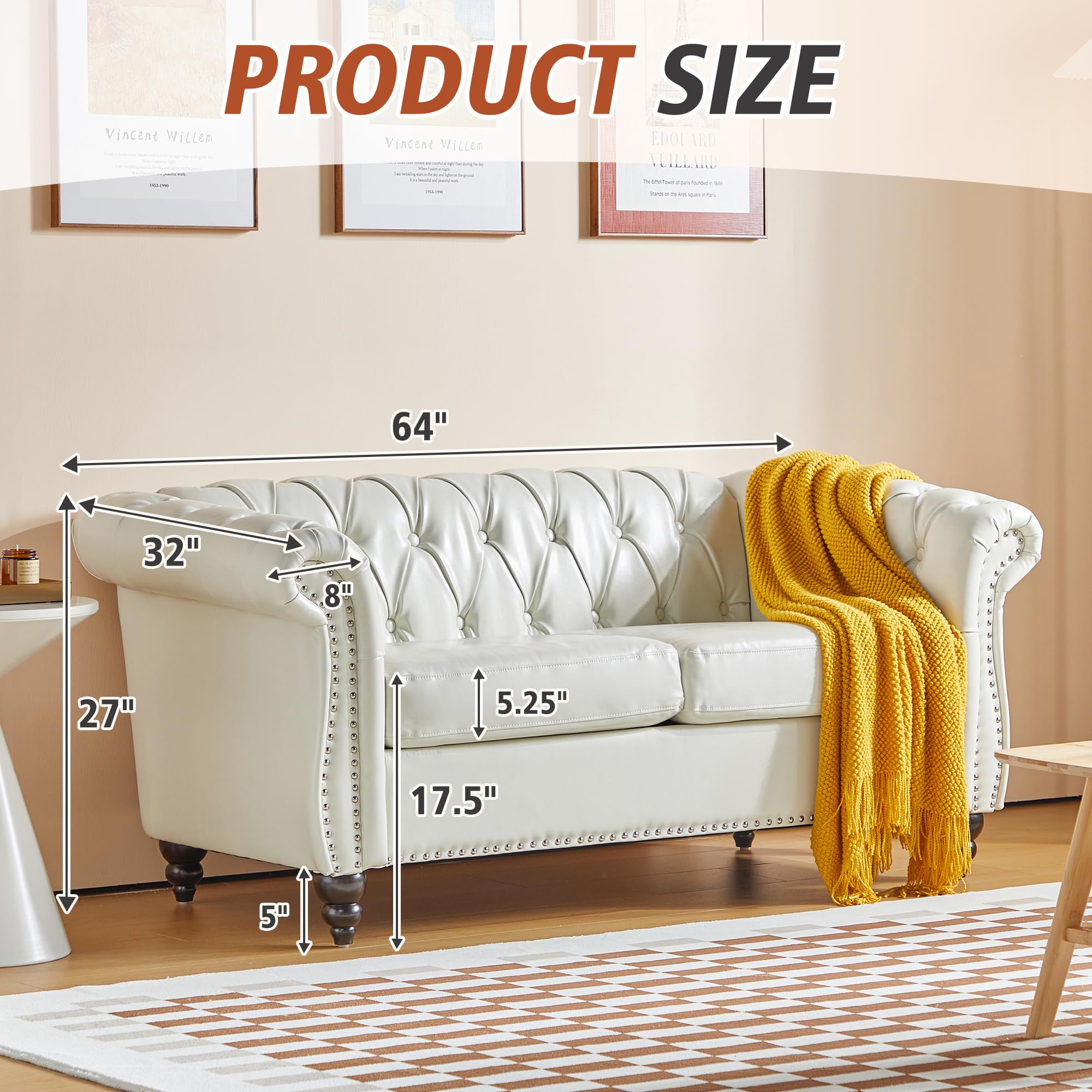 3-Piece Chesterfield Faux Leather Living Room Set - Sofa, Loveseat & Chair with Scroll Arms & Nailhead Trim - Elegant White Furniture for Home, Office & Lounge (Perfect for Small Spaces & Modern Decor)