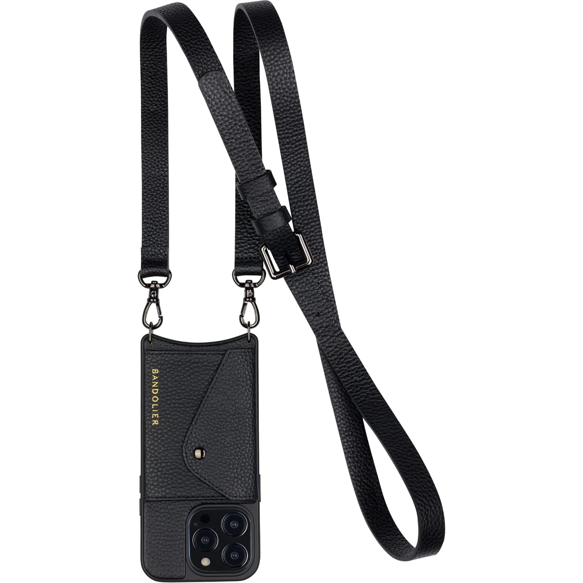 Hailey Crossbody Phone Case & Wallet for iPhone 13 Pro - Premium Black Leather with Pewter Accents - Hands-Free Fashion Accessory for Shopping, Travel & Daily Use