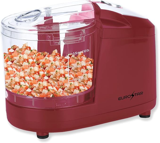 EUROSTAR 1.5 Cup Electric Mini Food Chopper - One Touch Operation, Compact Kitchen Appliance for Chopping, Grinding & Mixing (Red) - Perfect for Herbs, Nuts, Baby Food & Meal Prep