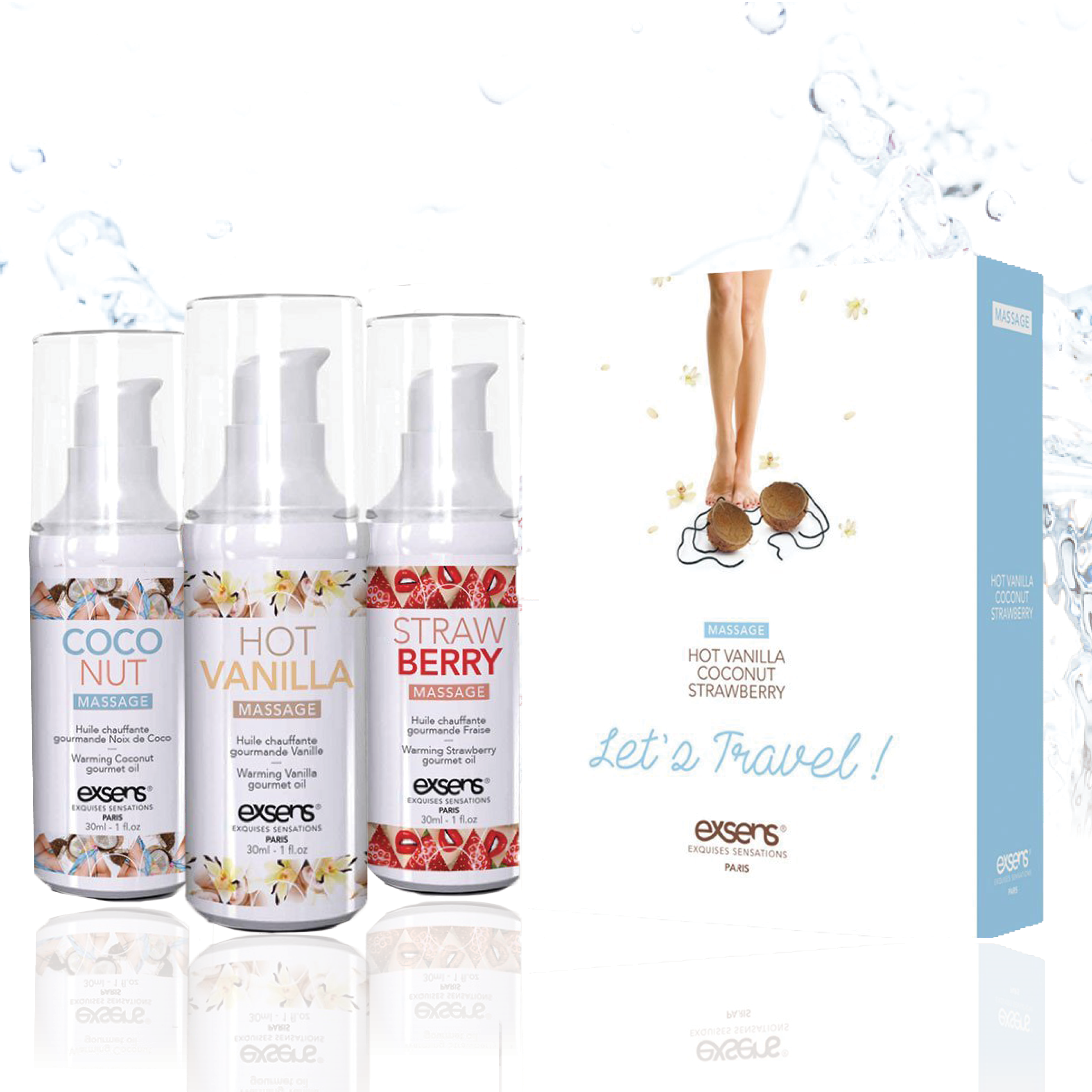 Exsens Warming Intimate Massage Oil Kit - Strawberry, Coconut & Vanilla Flavored Gel Gift Set (3 x 1 Fl Oz Bottles) | Couples Massage Oil for Romantic Nights, Spa Treatments & Sensual Experiences