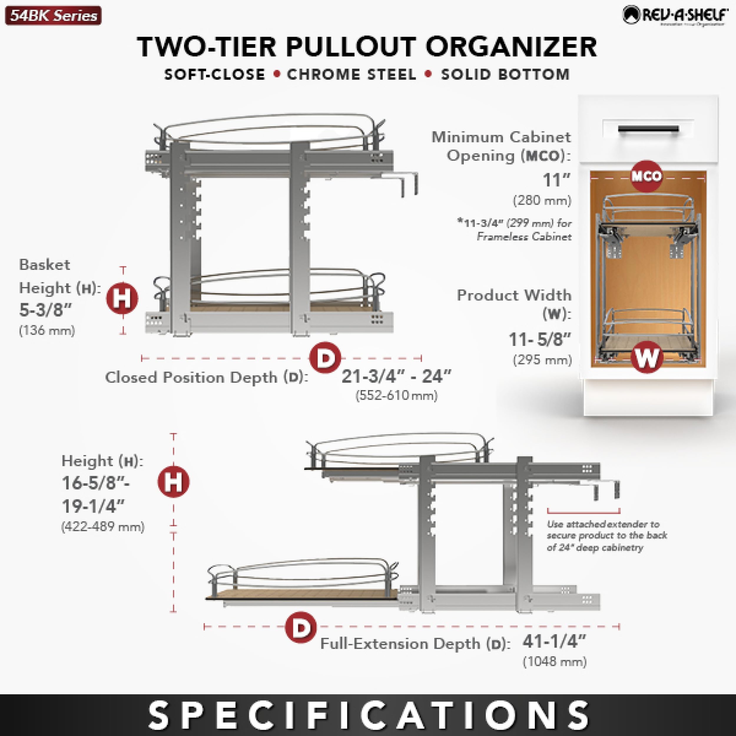 Rev-A-Shelf 2-Tier Pull-Out Kitchen Cabinet Organizer with Solid Bottom & Undermount Soft-Close Full Extension Slides - 54BK-12SC-2-1 - Perfect for Pantry Storage and Spice Rack Organization