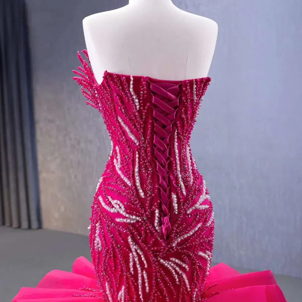 Serene Hill Fuchsia Lace Up Pearls Beaded Luxury Mermaid Wedding Dress 2025 - Custom Made Bride Gown HM231040 for Beach, Church & Formal Weddings