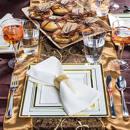 Elegant White Gold-Rimmed Square Edge Disposable Plastic Dinner Plates - 9.5 Inch (10-Pack) for Wedding, Party, Birthday, Anniversary & Holiday Celebrations - Premium Disposable Tableware for Catering, Events & Home Use