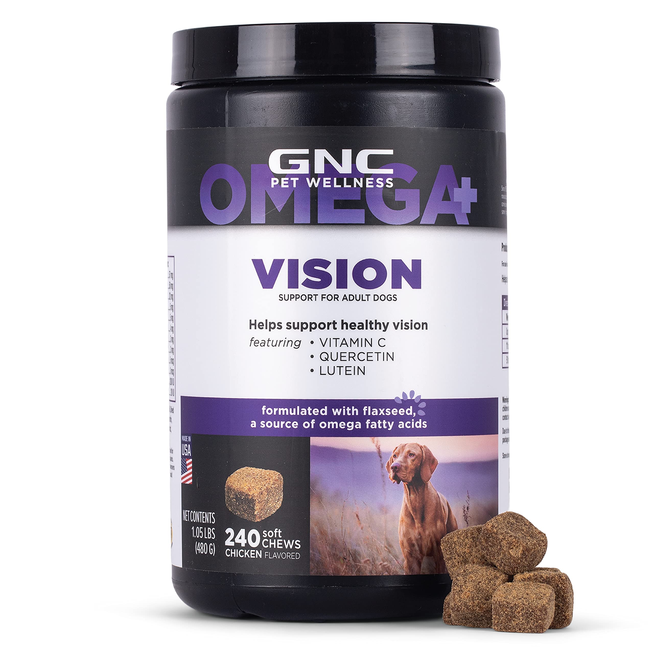 GNC Pets Omega Vision Dog Supplements for Adult Dogs - Omega Fatty Acids, Flaxseed, Vitamin C, Quercetin & Lutein - 240 Count Chicken Flavored Soft Chews | Supports Eye Health & Vision - Perfect for Daily Use with Meals or Treats